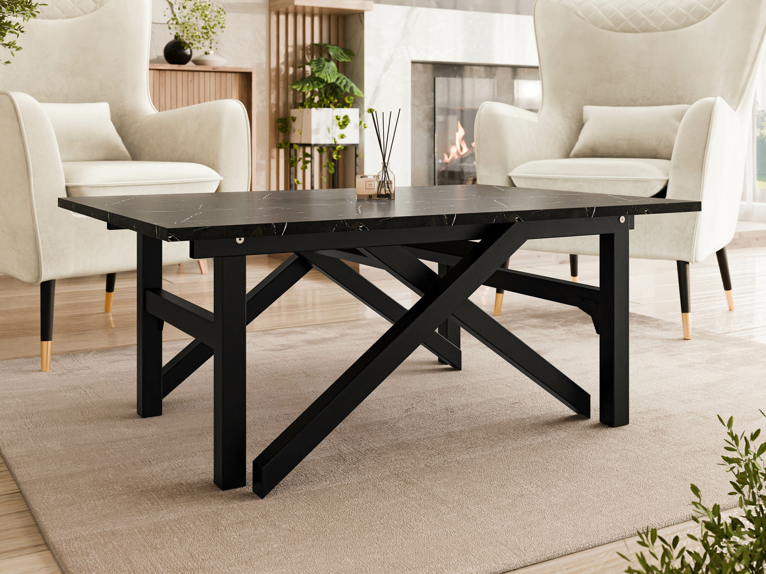 Table basse transformable Oswego 151 (Marbre noir + Noir)