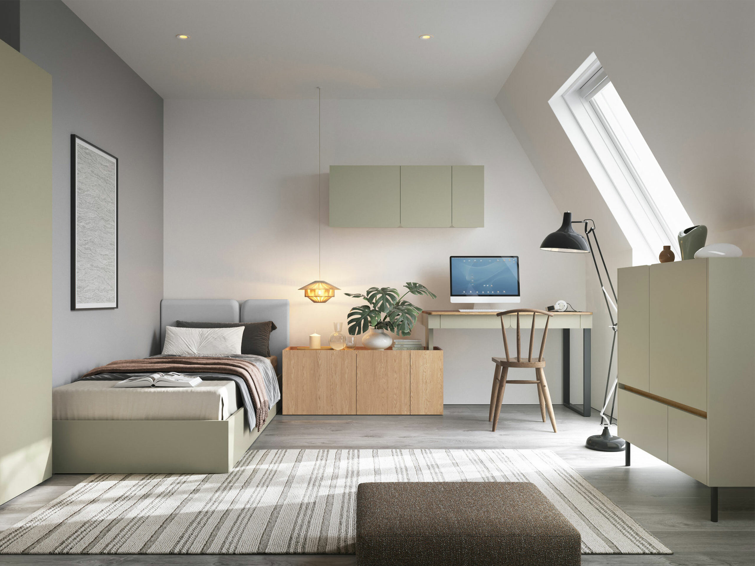 Commode Fiosono 107 (Vert poussiéreux + Chêne)