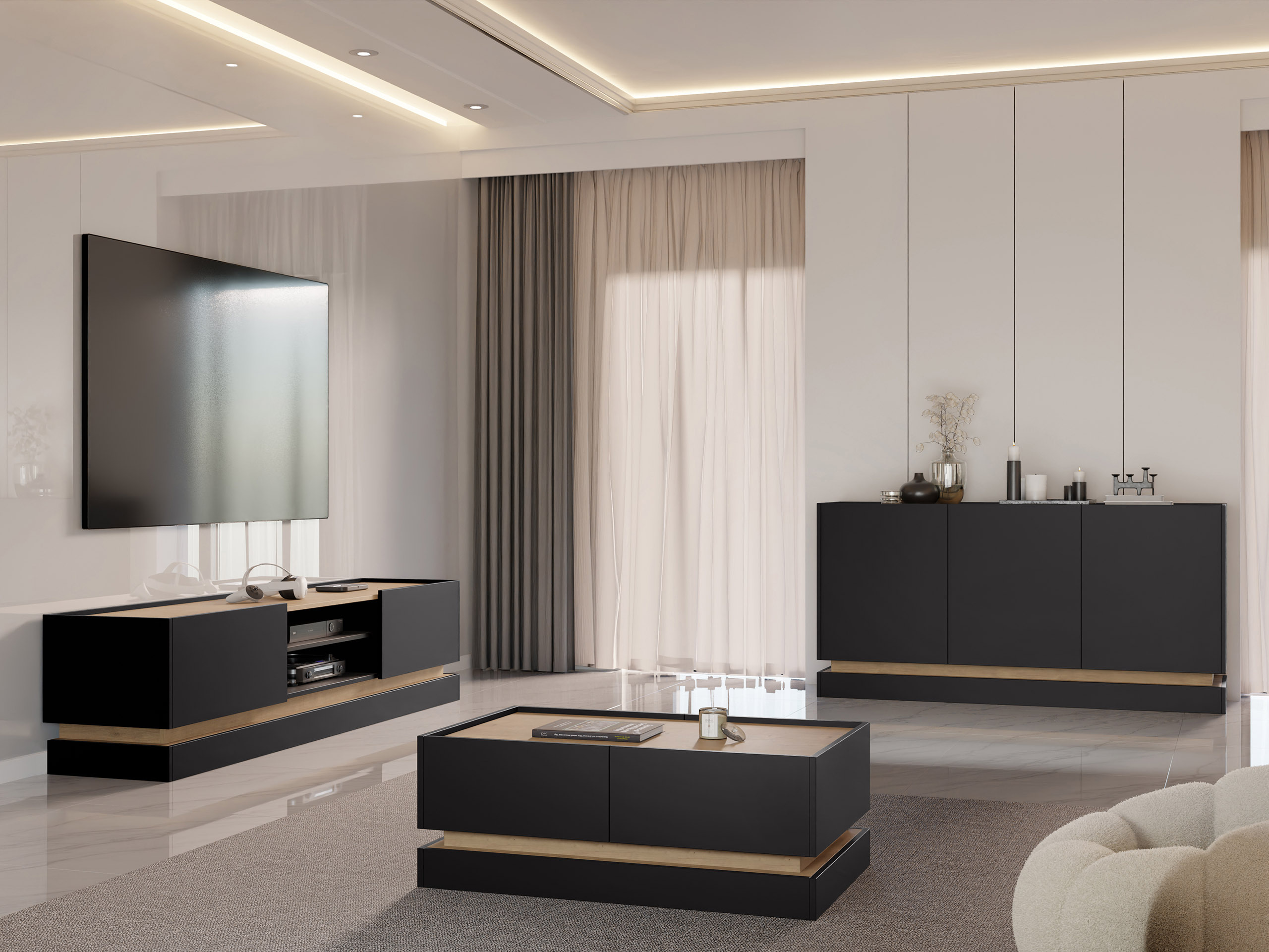 Ensemble de salon Comfivo Dalvenu 104 (Noir + Chêne)