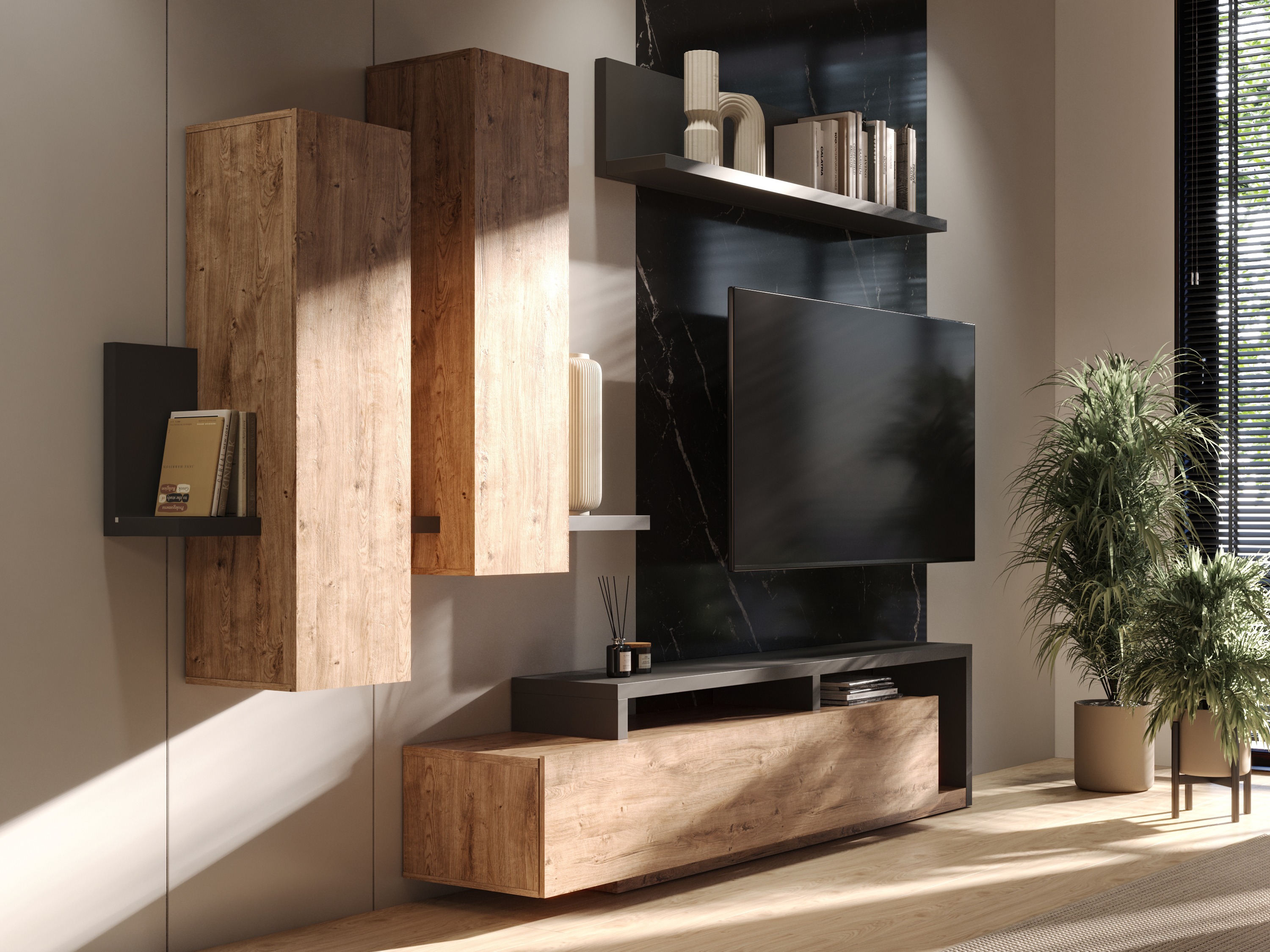 Ensemble de salon Lutiva 100 (Anthracite + Ribbec chêne)