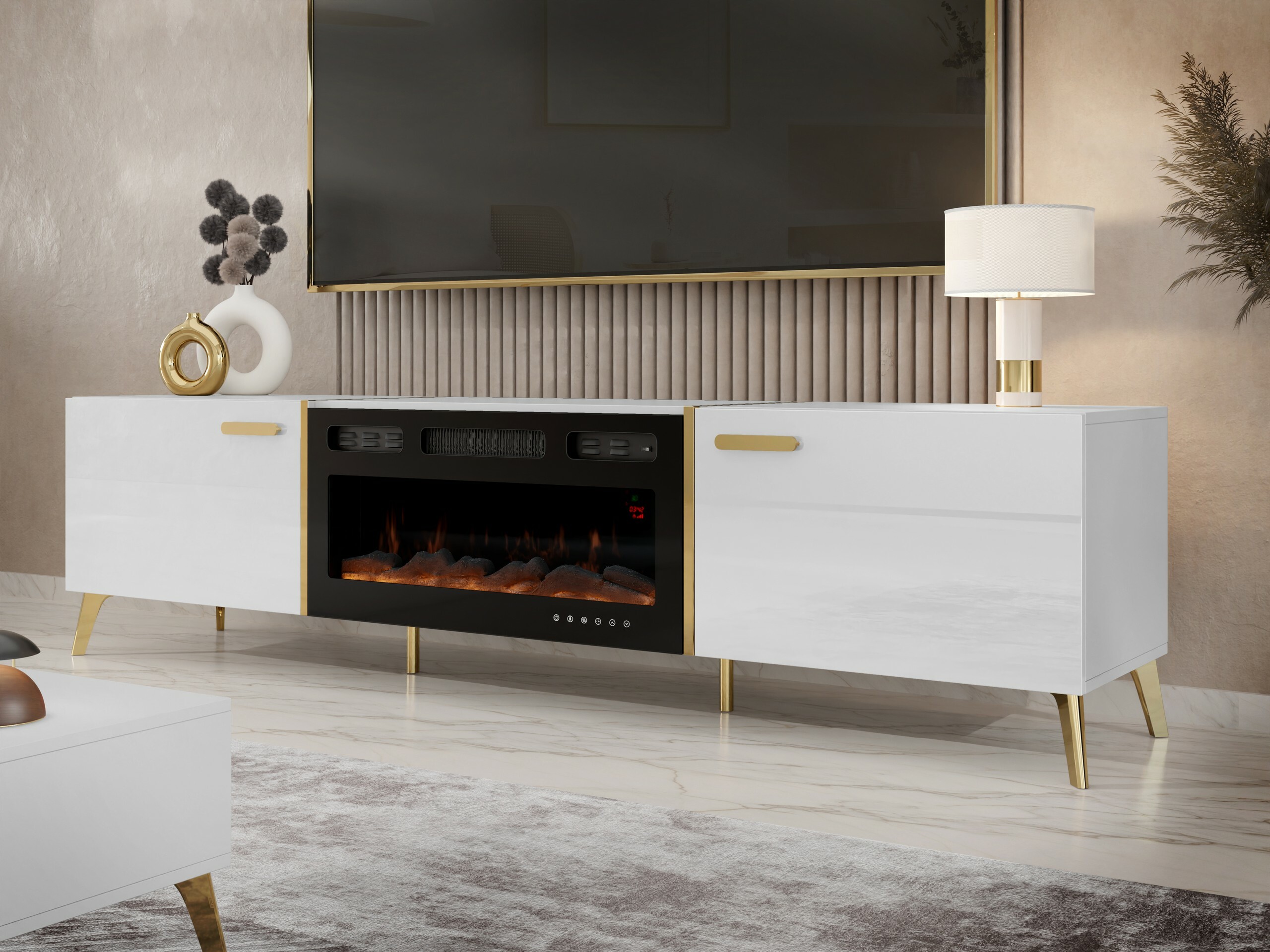 Meuble TV Comfivo Teslomo 112 (Blanc + Blanc brillant)