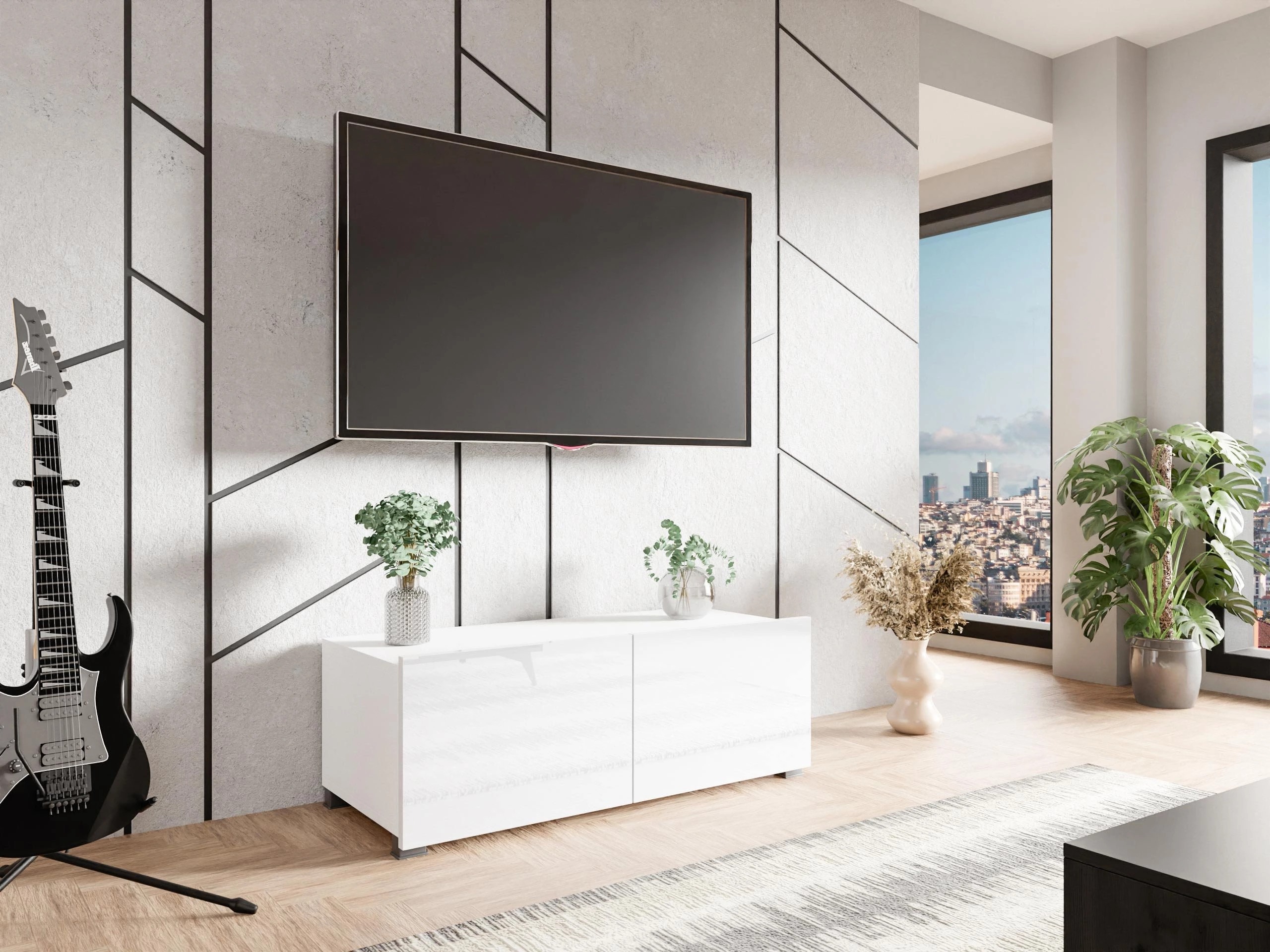 Meuble TV Remus I (Blanc + Blanc brillant)