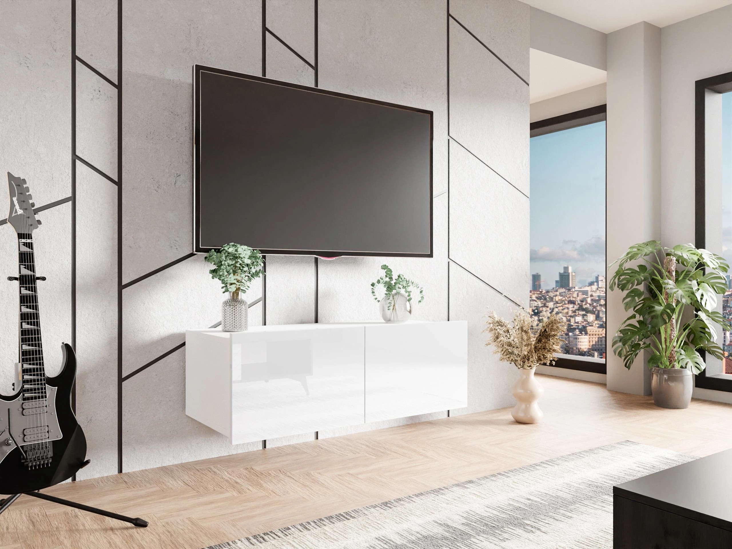 Meuble TV Remus I (Blanc + Blanc brillant)
