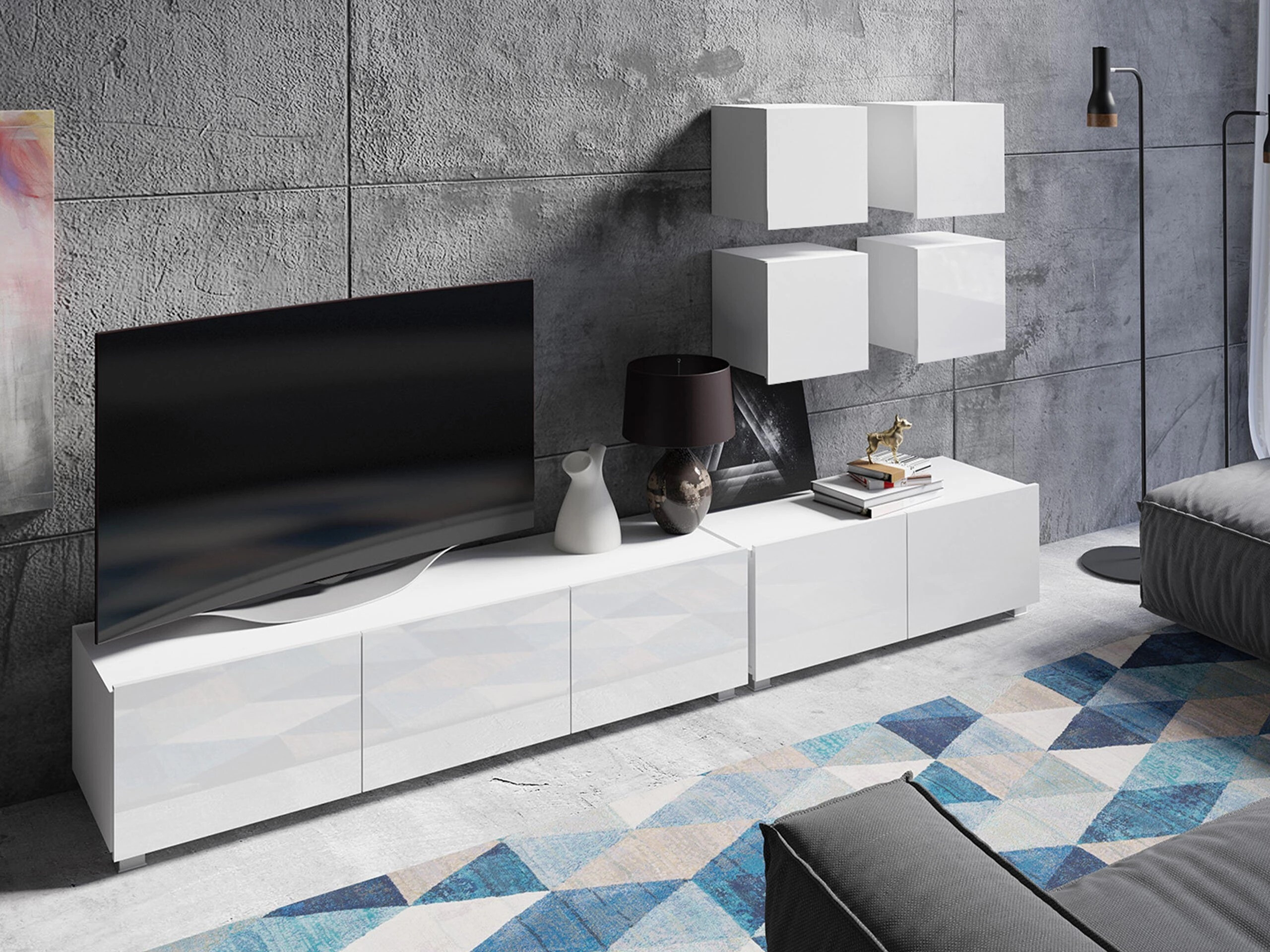 Meuble TV Remus I (Blanc + Blanc brillant)