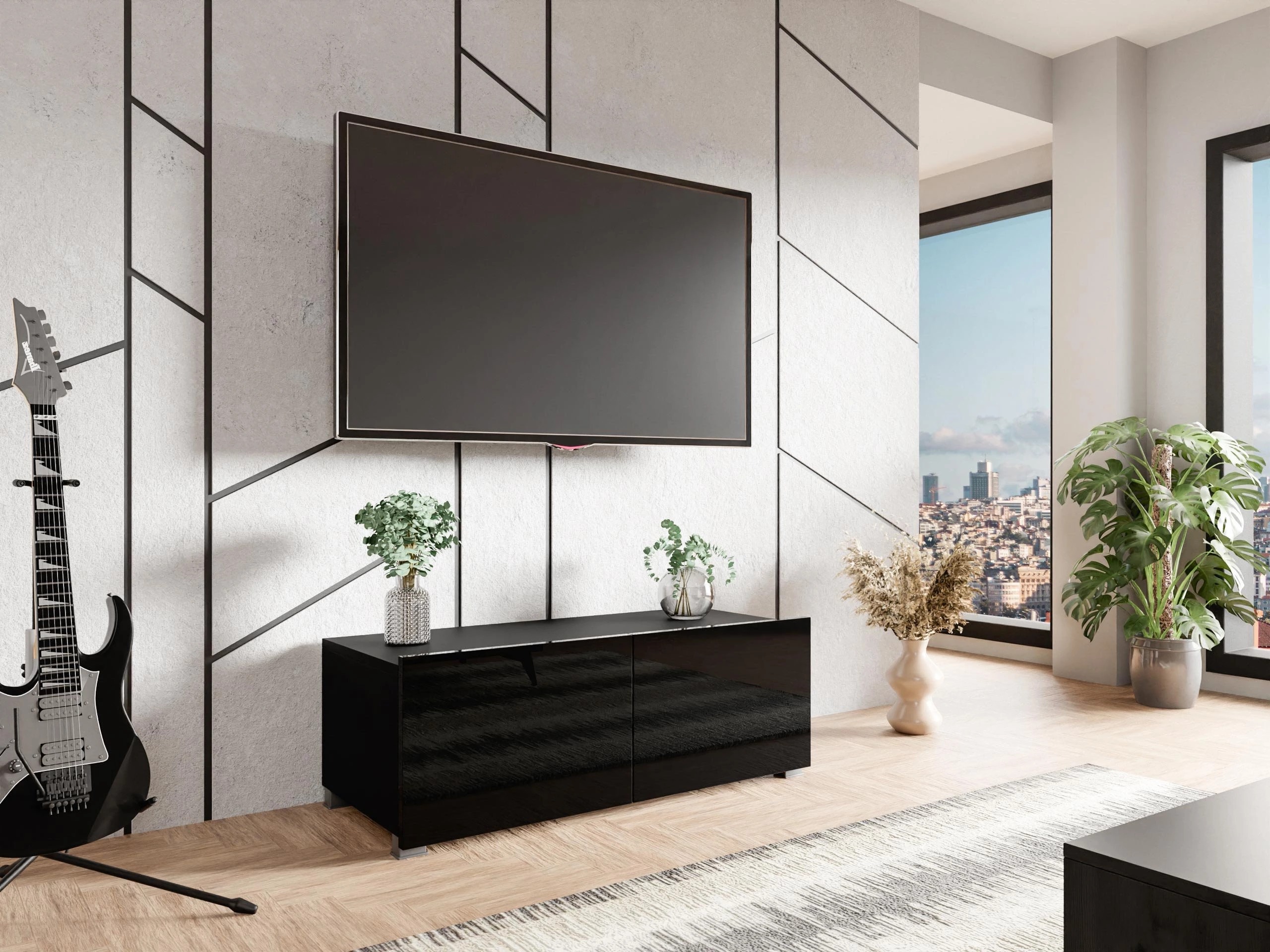 Meuble TV Tivdalu 104 (Noir + Noir brillant)