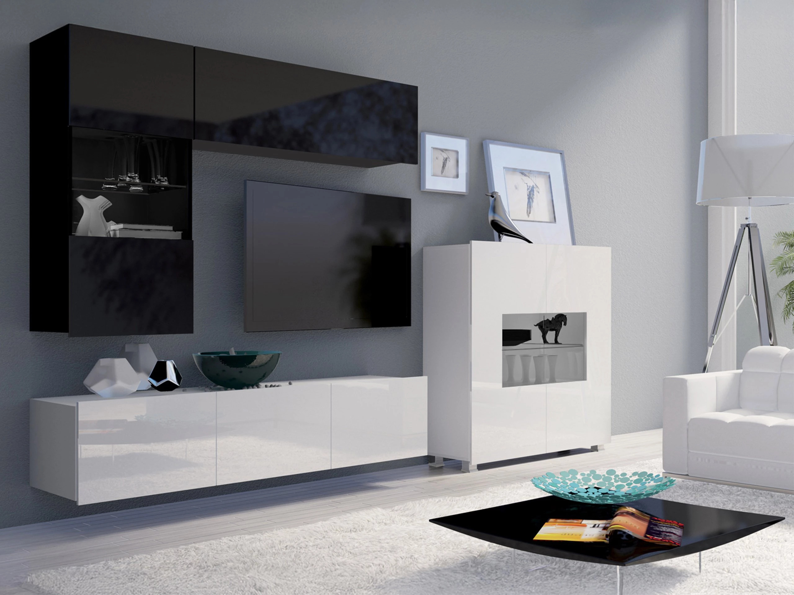 Ensemble de salon Remus III (Noir + Noir brillant + Blanc + Blanc brillant)
