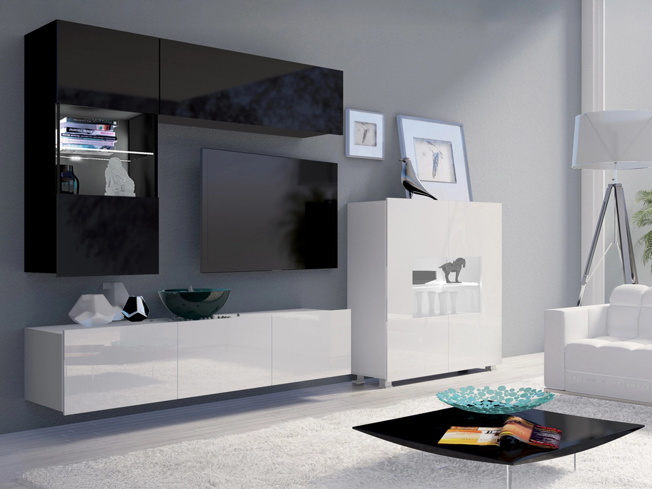 Ensemble de salon Remus III (Noir + Noir brillant + Blanc + Blanc brillant)