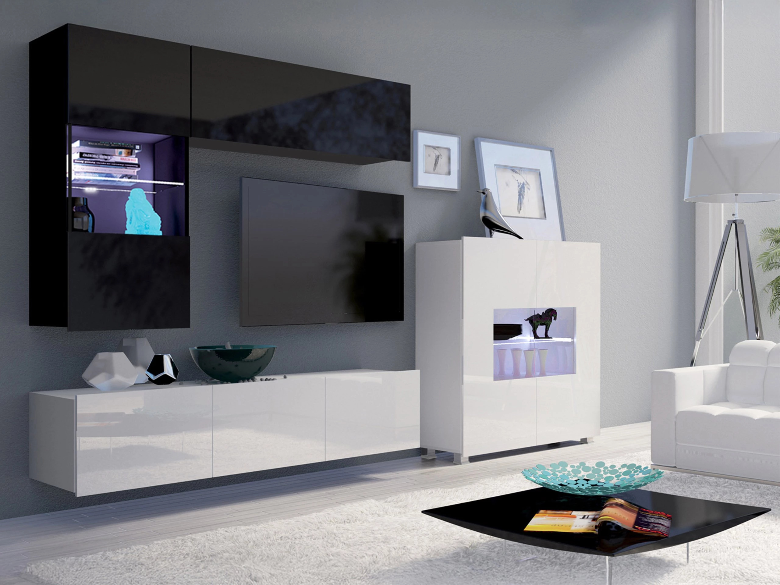 Ensemble de salon Remus III (Noir + Noir brillant + Blanc + Blanc brillant)