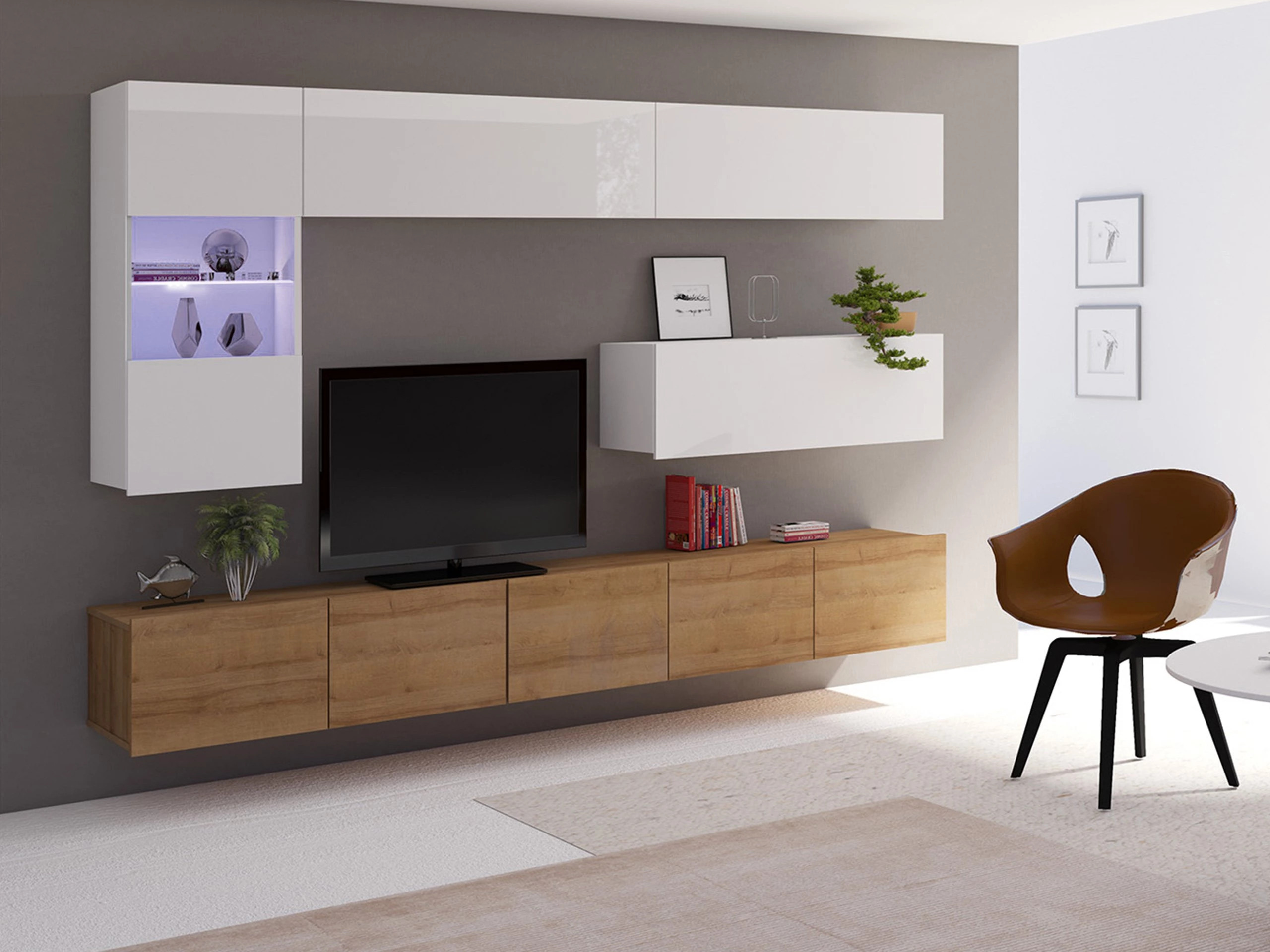 Ensemble de salon Remus IV (Chêne doré + Blanc + Blanc brillant)