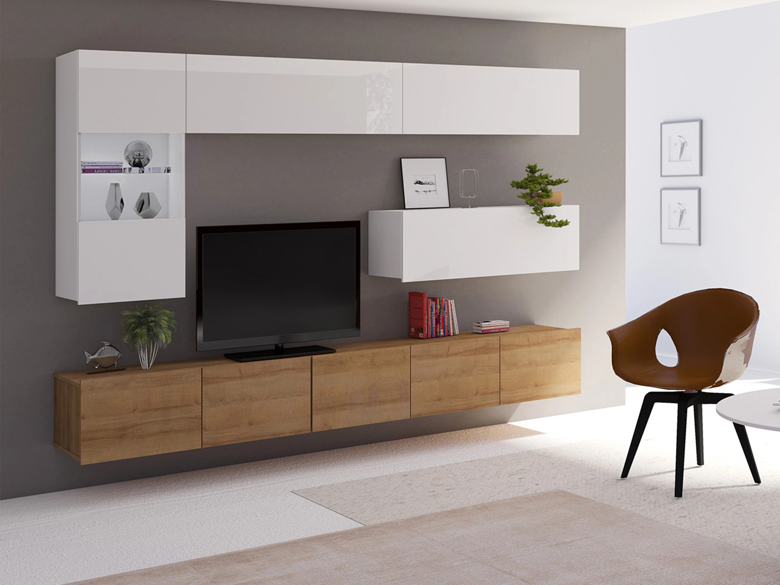 Ensemble de salon Remus IV (Chêne doré + Blanc + Blanc brillant)
