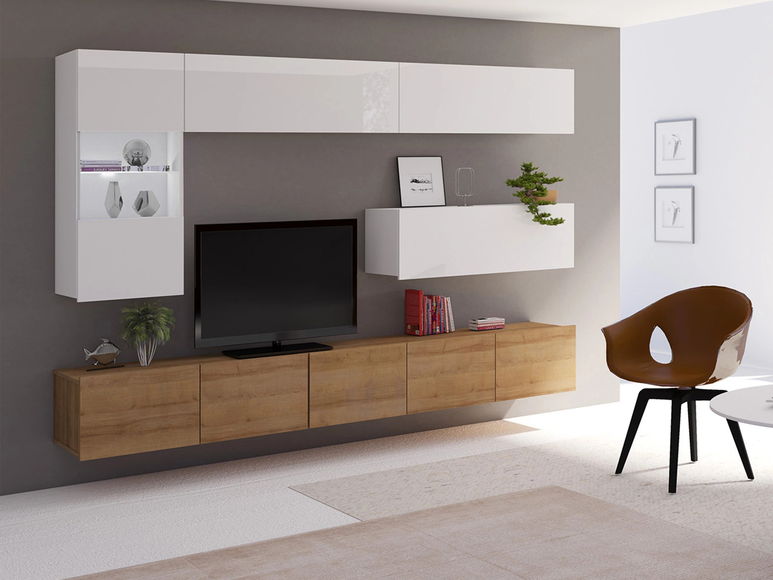 Ensemble de salon Remus IV (Chêne doré + Blanc + Blanc brillant)