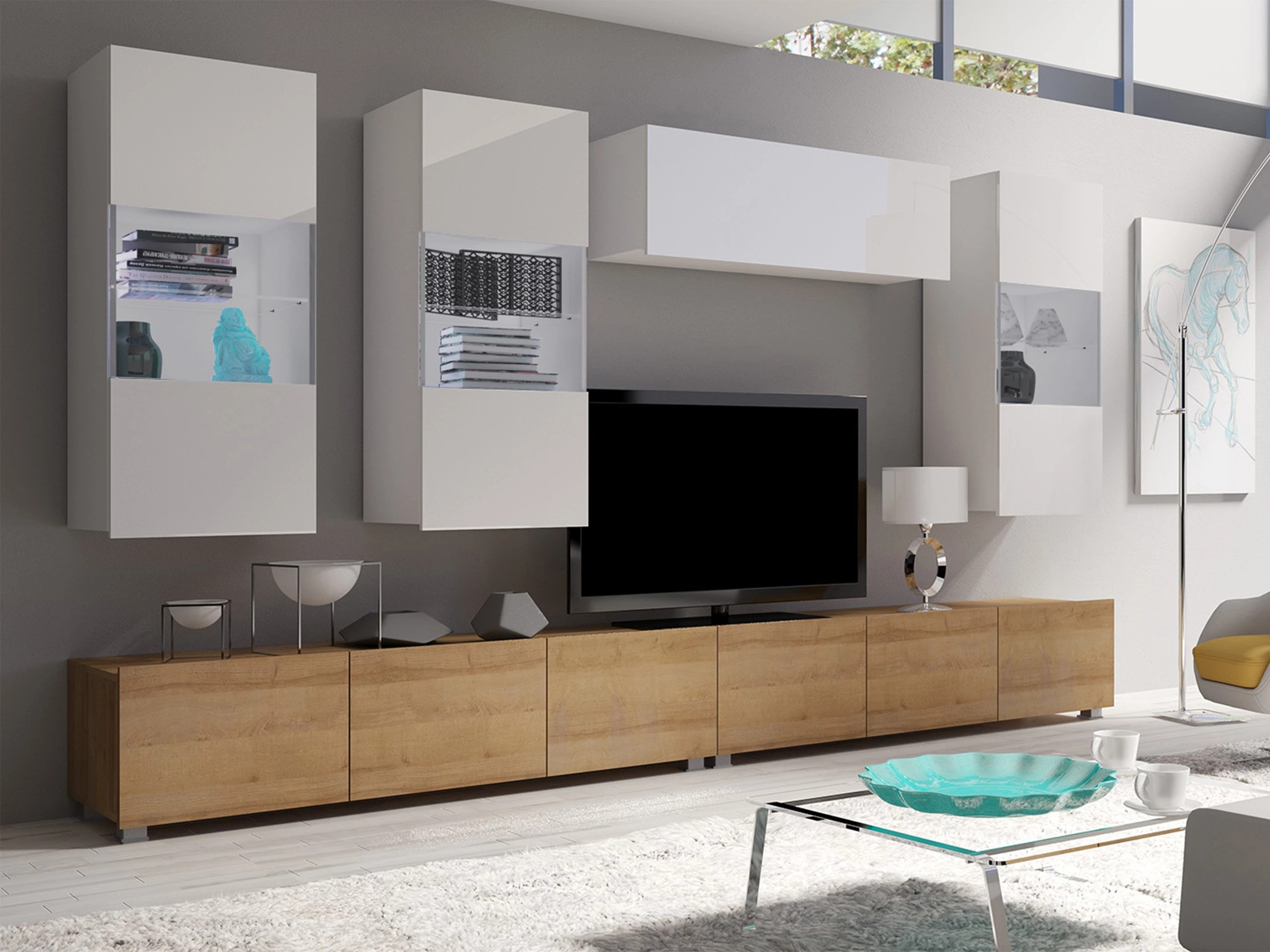 Ensemble de salon Remus V (Chêne doré + Blanc + Blanc brillant)