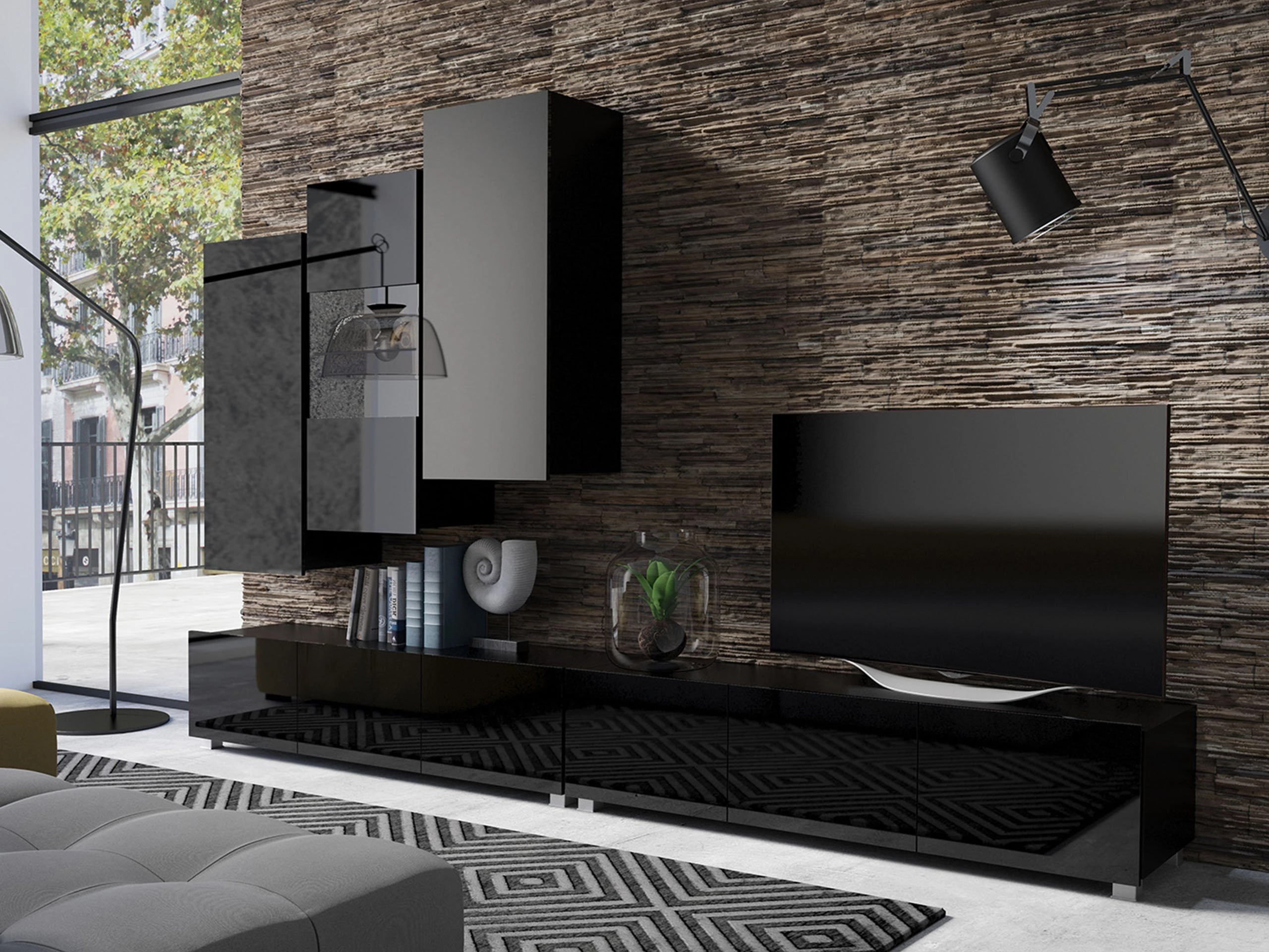 Armoire murale Tivdalu 126 (Noir + Noir brillant)