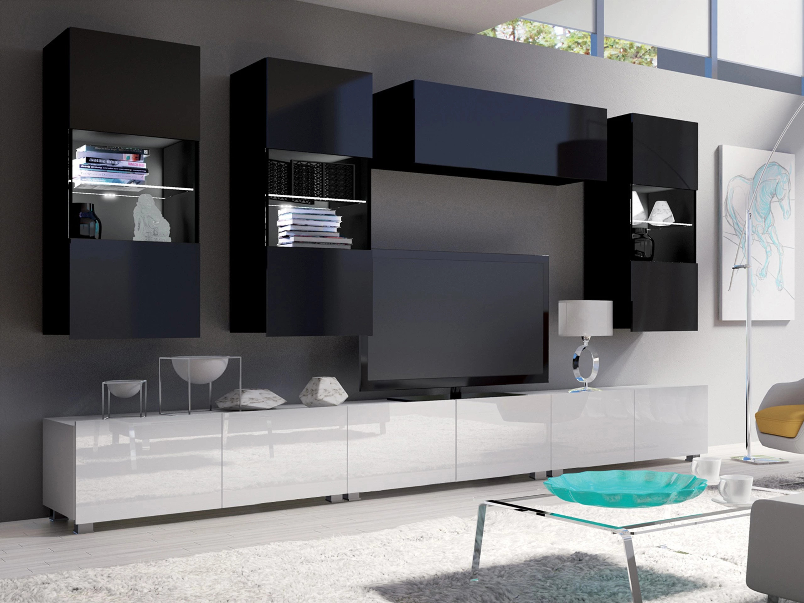 Ensemble de salon Remus XI (Blanc + Blanc brillant + Noir + Noir brillant)