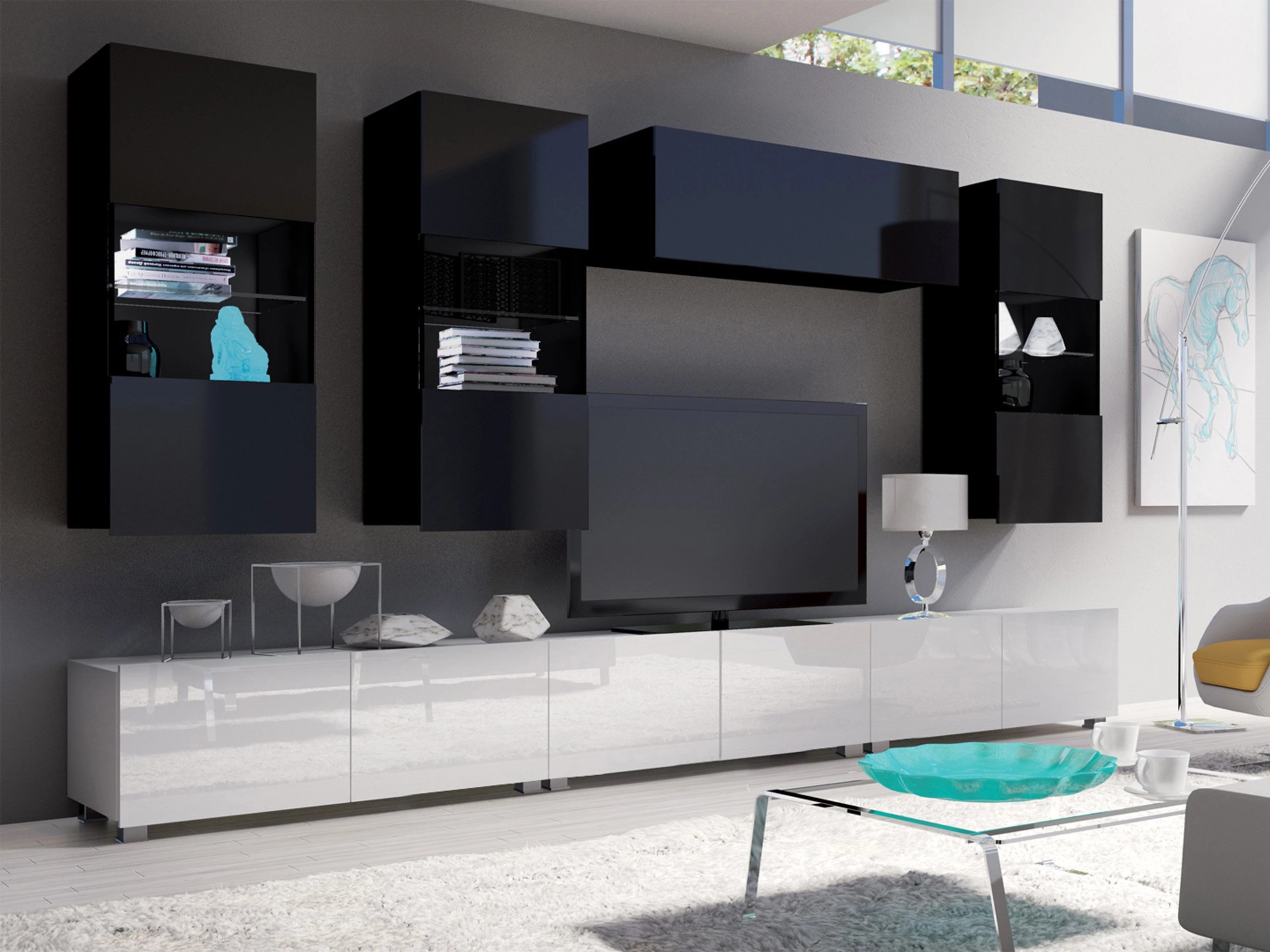 Ensemble de salon Remus XI (Blanc + Blanc brillant + Noir + Noir brillant)