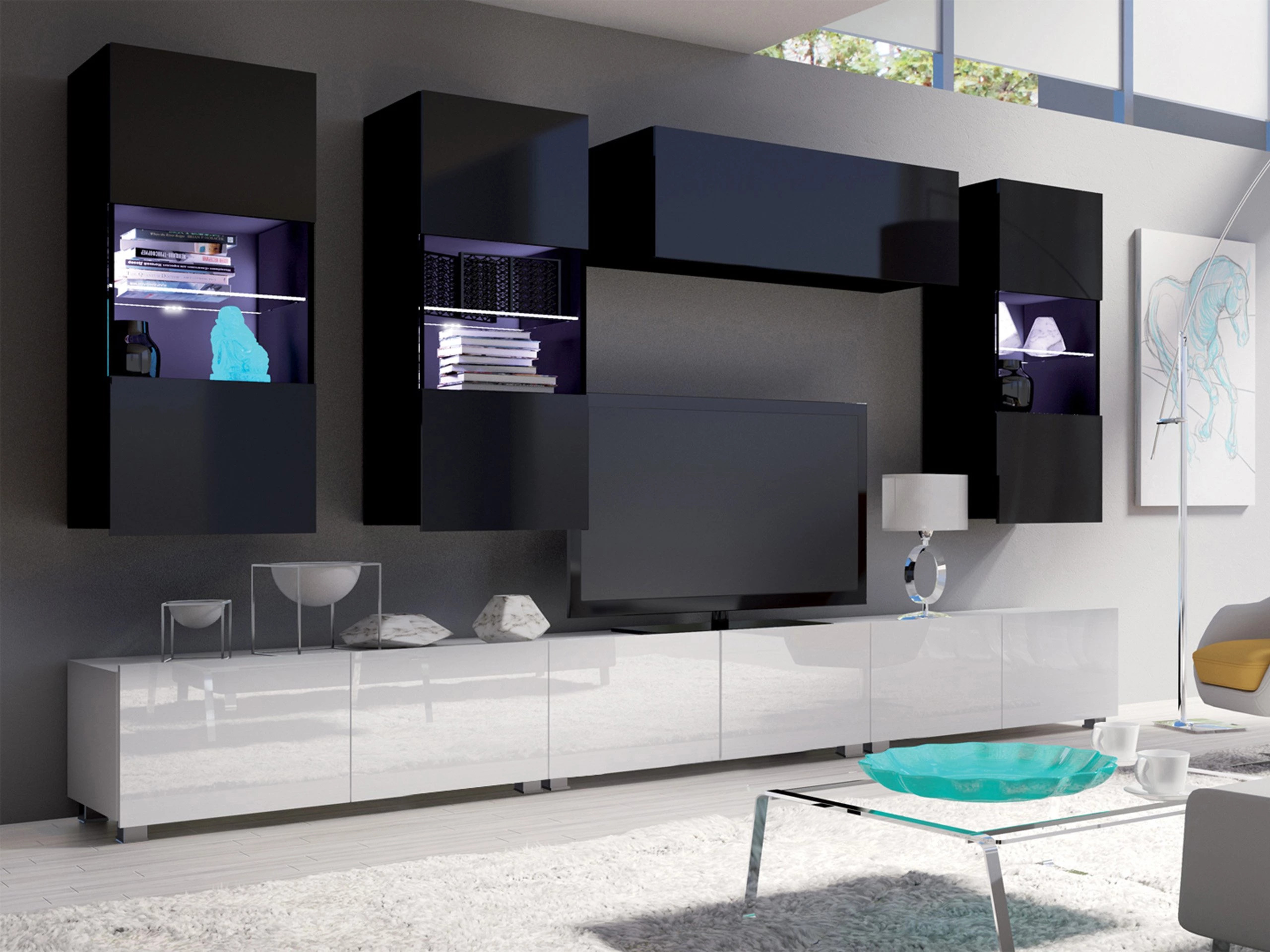 Ensemble de salon Remus XI (Blanc + Blanc brillant + Noir + Noir brillant)