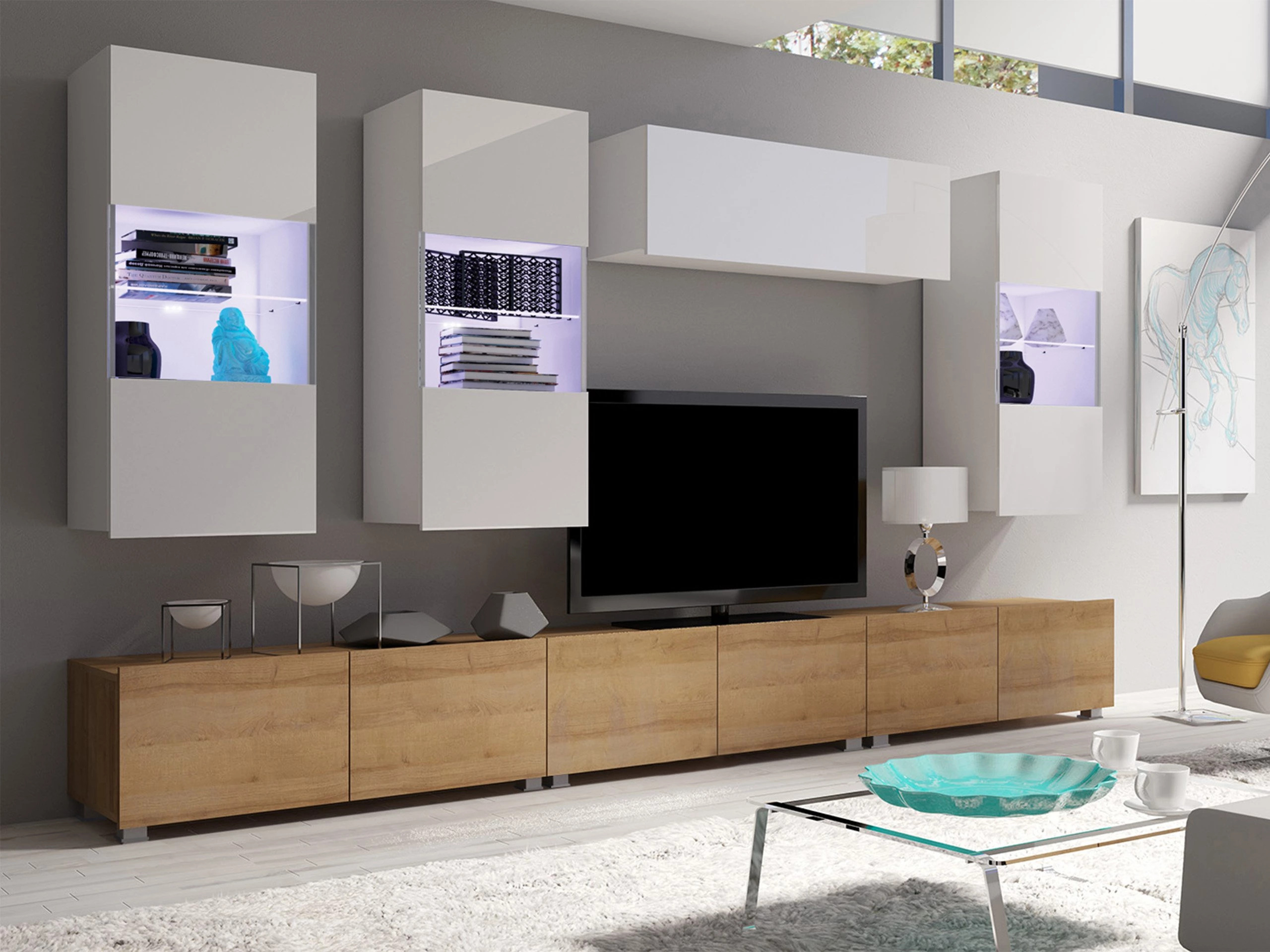 Ensemble de salon Remus XI (Chêne doré + Blanc + Blanc brillant)