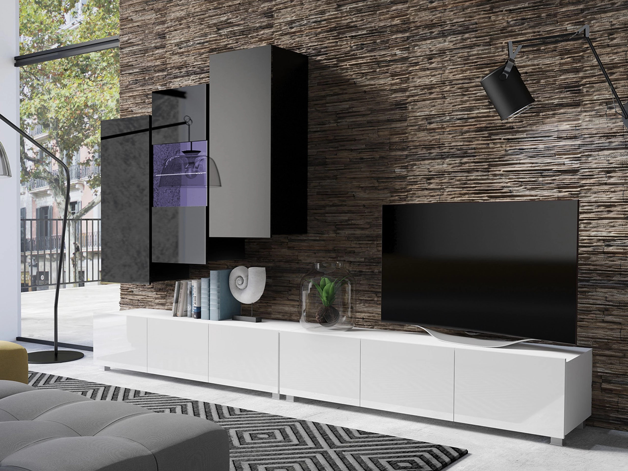 Ensemble de salon Remus XVII (Blanc + Blanc brillant + Noir + Noir brillant)
