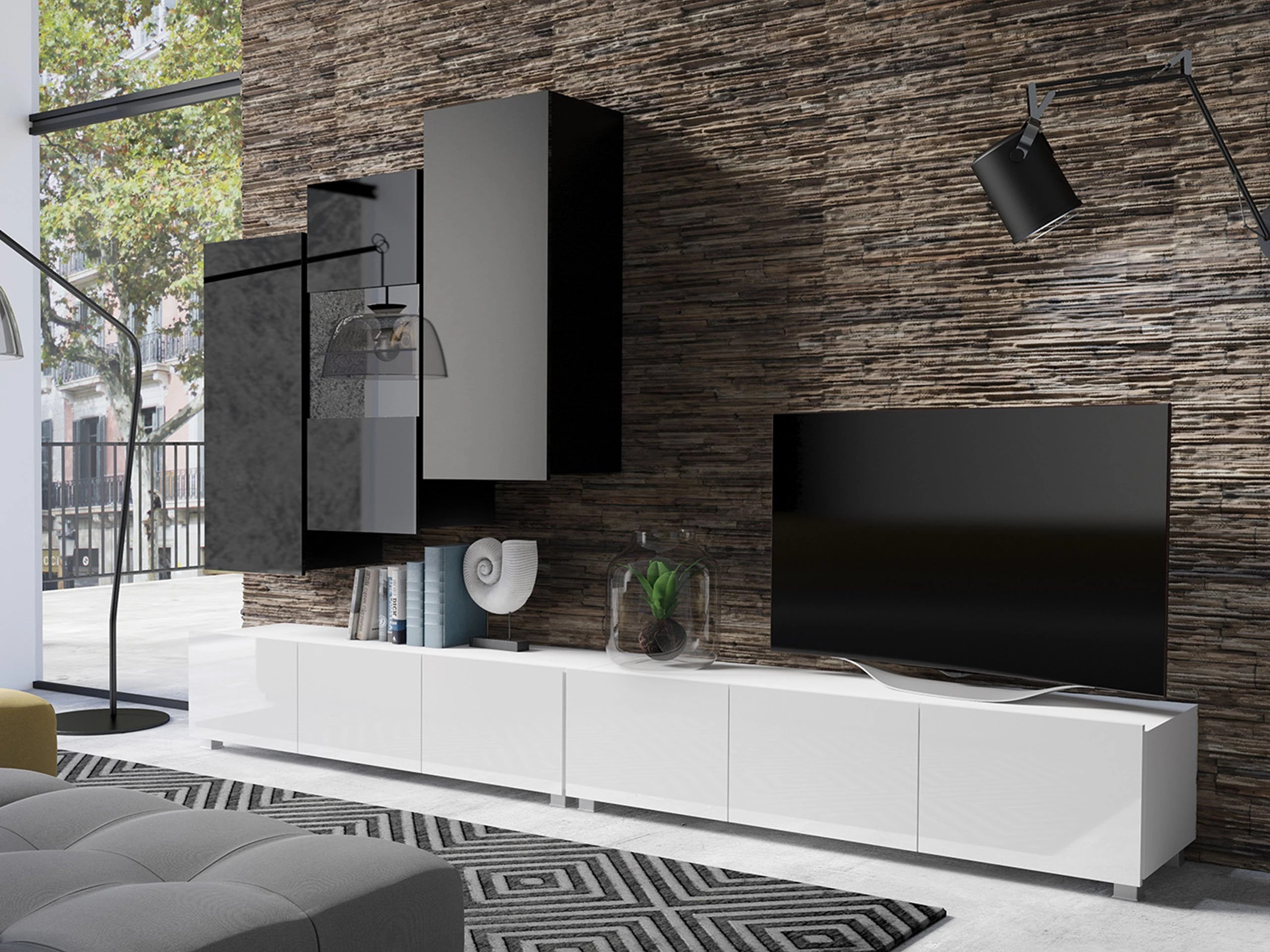 Ensemble de salon Remus XVII (Blanc + Blanc brillant + Noir + Noir brillant)