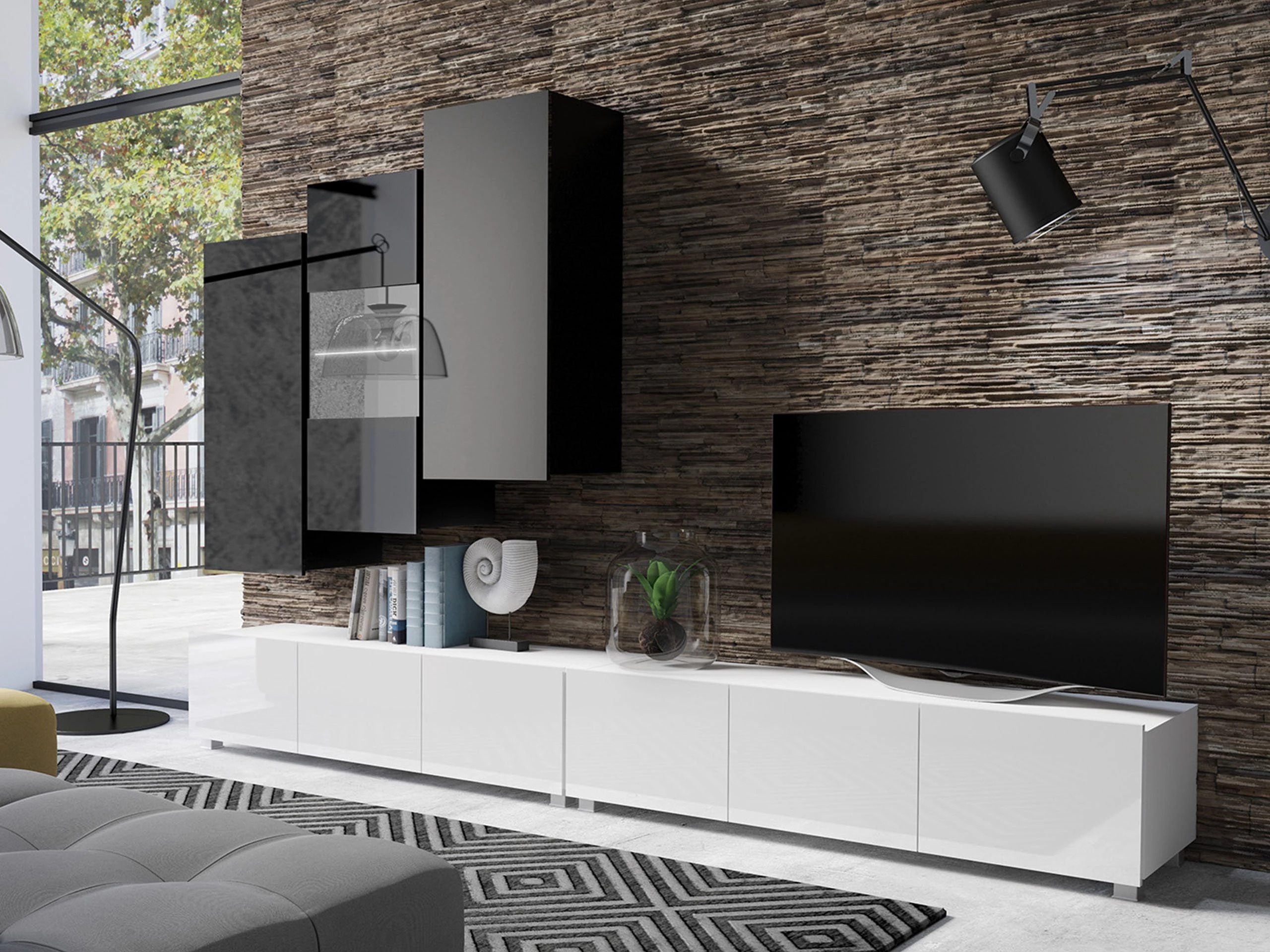 Ensemble de salon Remus XVII (Blanc + Blanc brillant + Noir + Noir brillant)