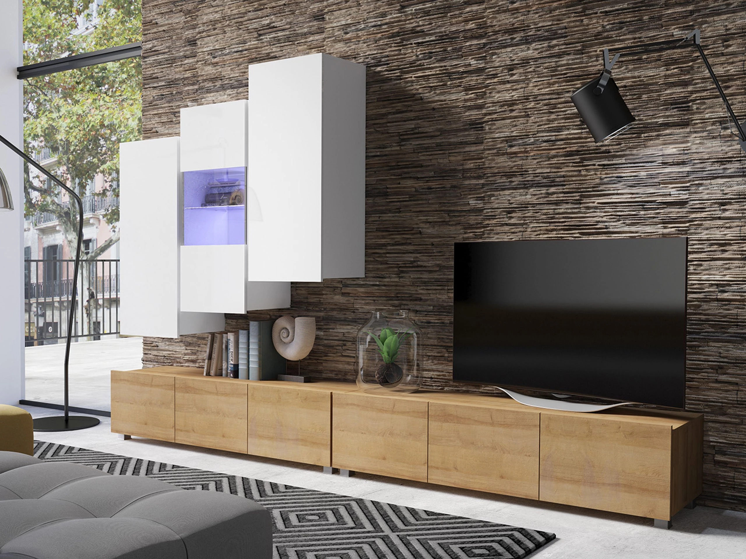 Ensemble de salon Remus XVII (Chêne doré + Blanc + Blanc brillant)