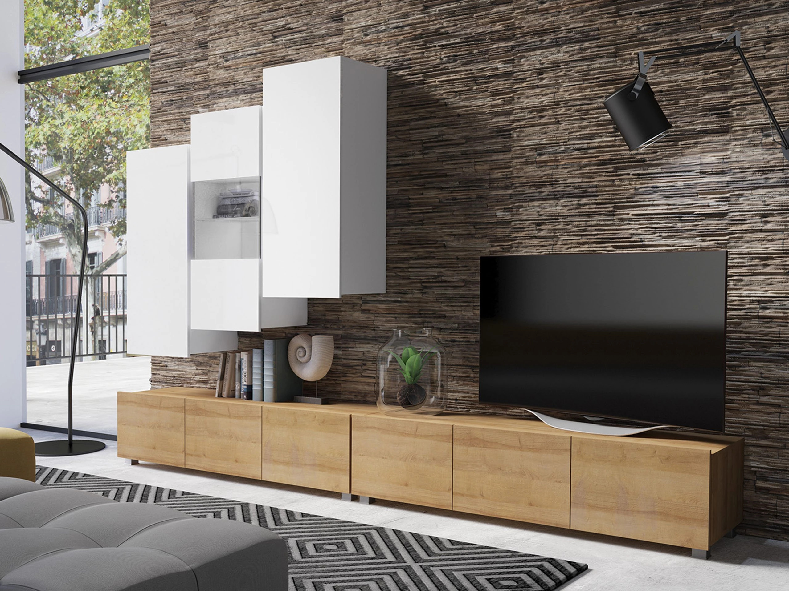 Ensemble de salon Remus XVII (Chêne doré + Blanc + Blanc brillant)