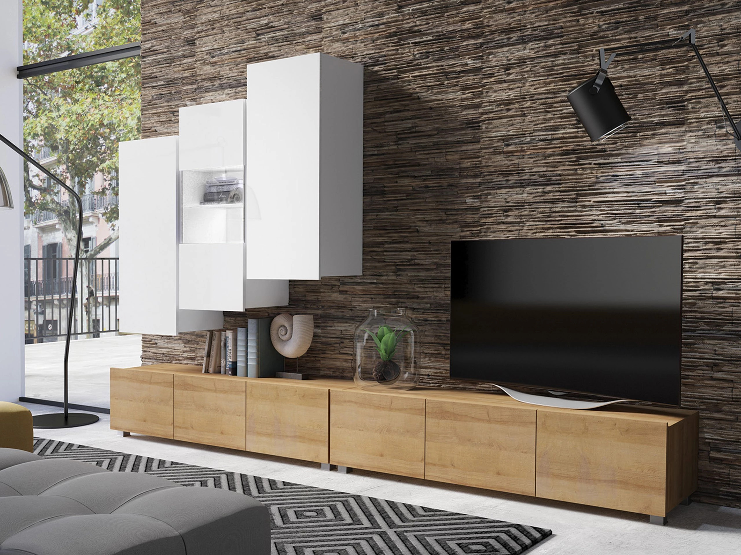 Ensemble de salon Remus XVII (Chêne doré + Blanc + Blanc brillant)