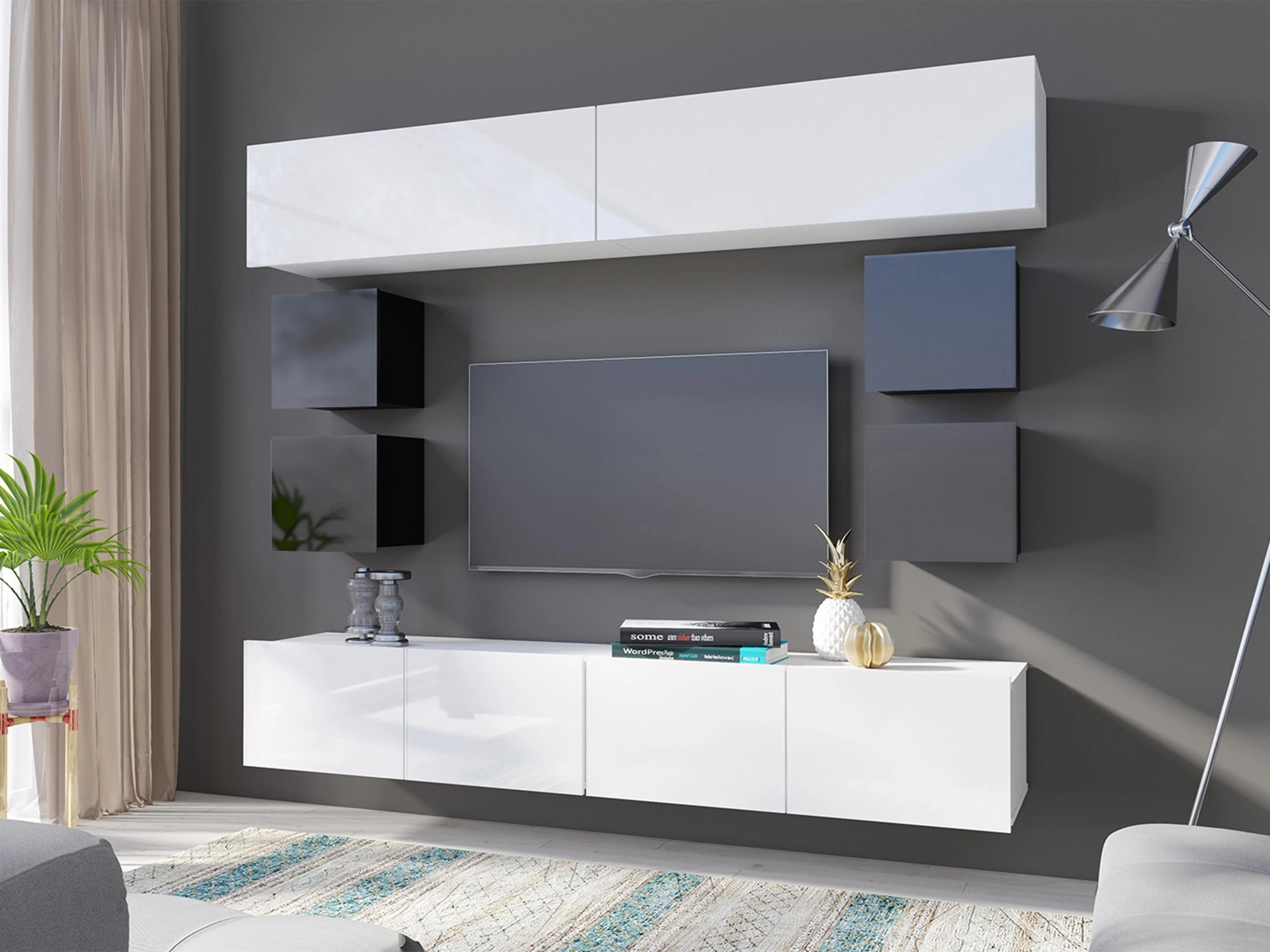 Ensemble de salon Remus XVI (Noir + Noir brillant + Blanc + Blanc brillant)
