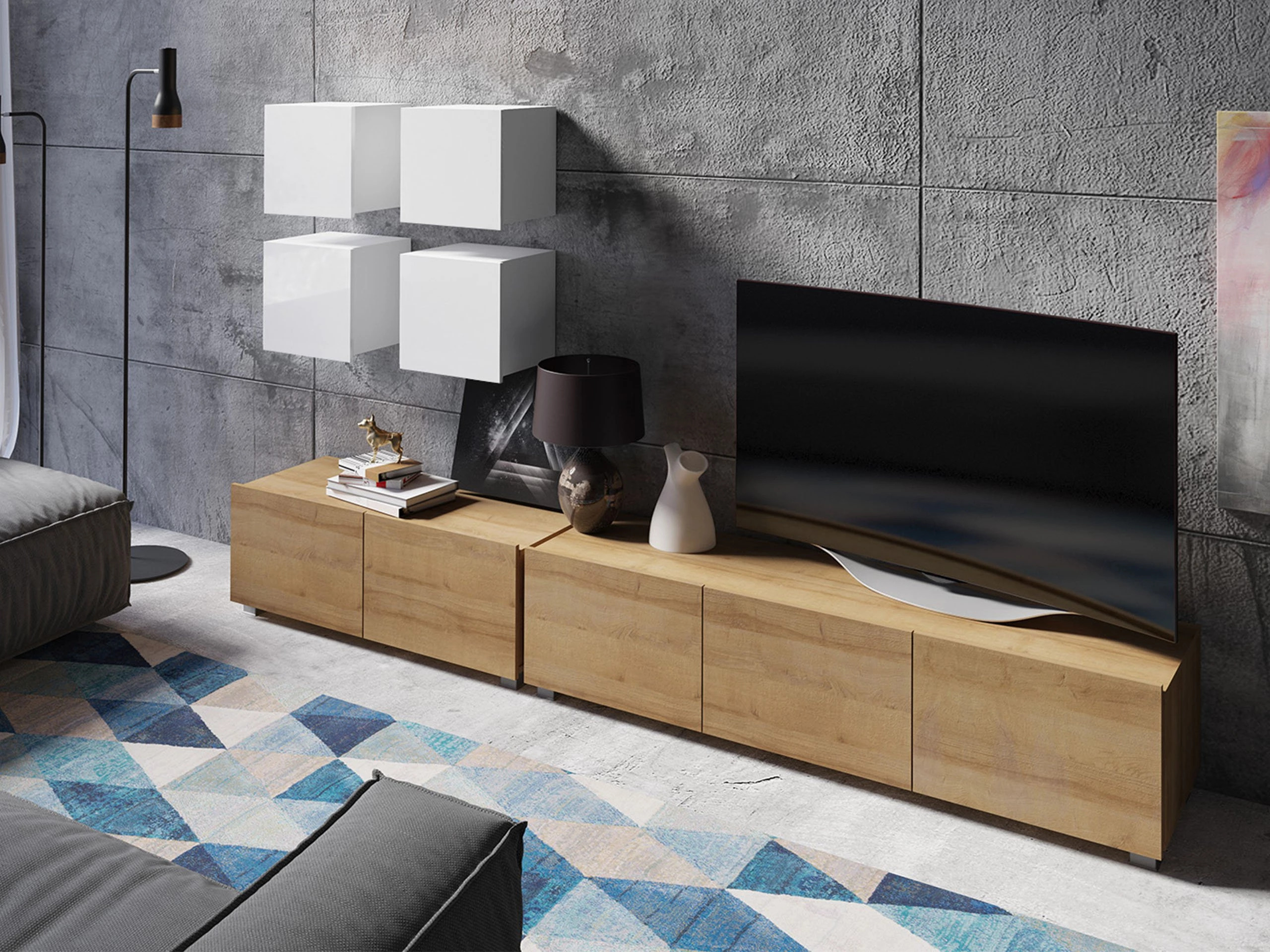 Ensemble de salon Remus XVIII (Chêne doré + Blanc + Blanc brillant)