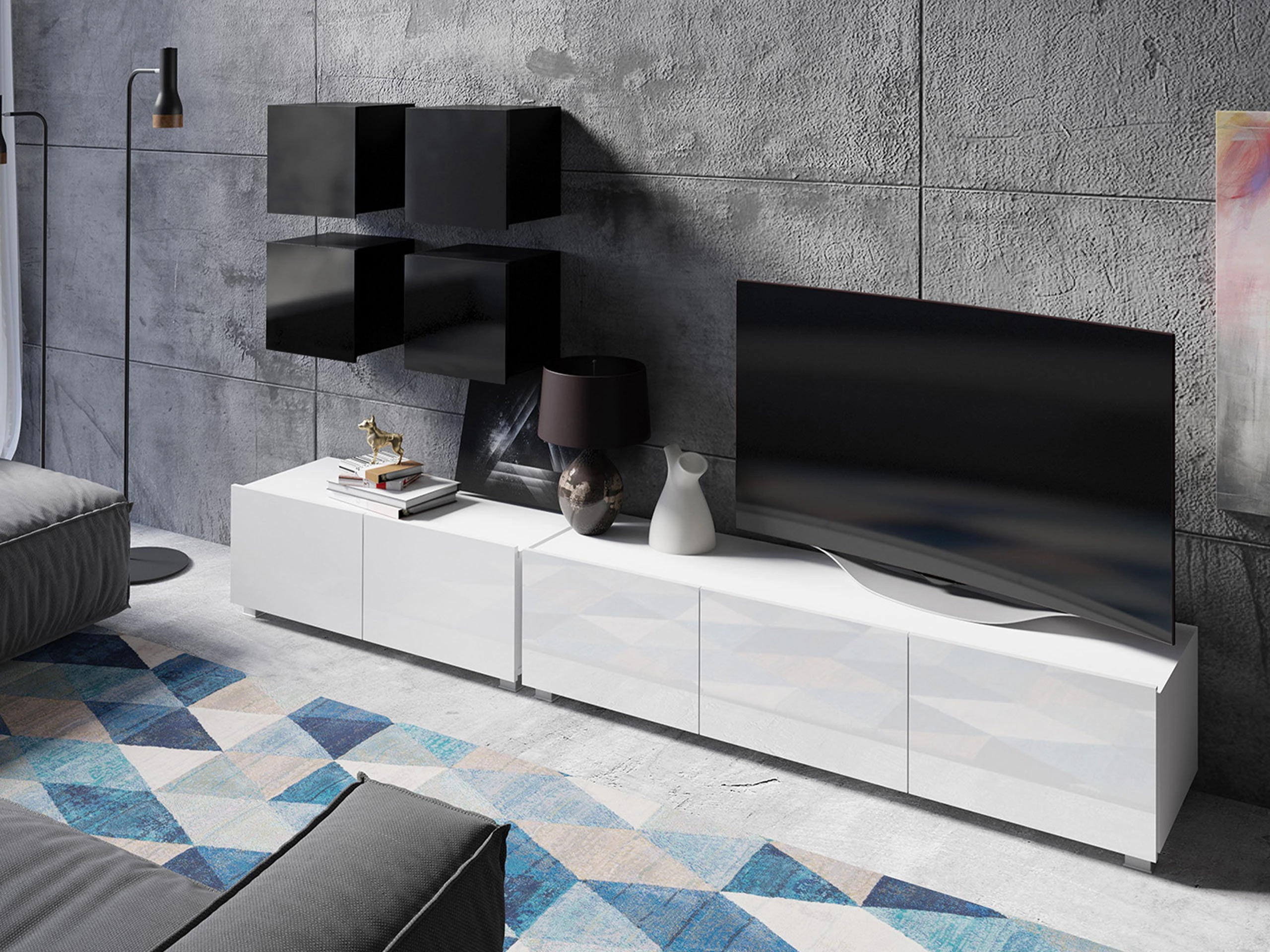 Ensemble de salon Remus XVIII (Noir + Noir brillant + Blanc + Blanc brillant)