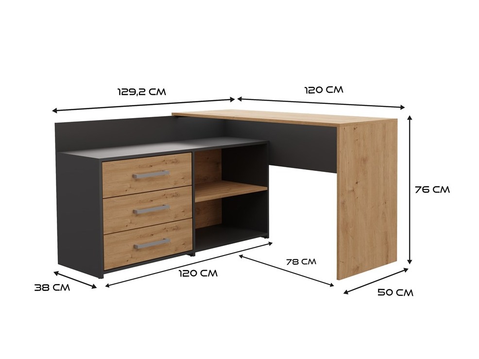 Bureau d'angle Mandeville 131 (Anthracite + Chêne Artisan)