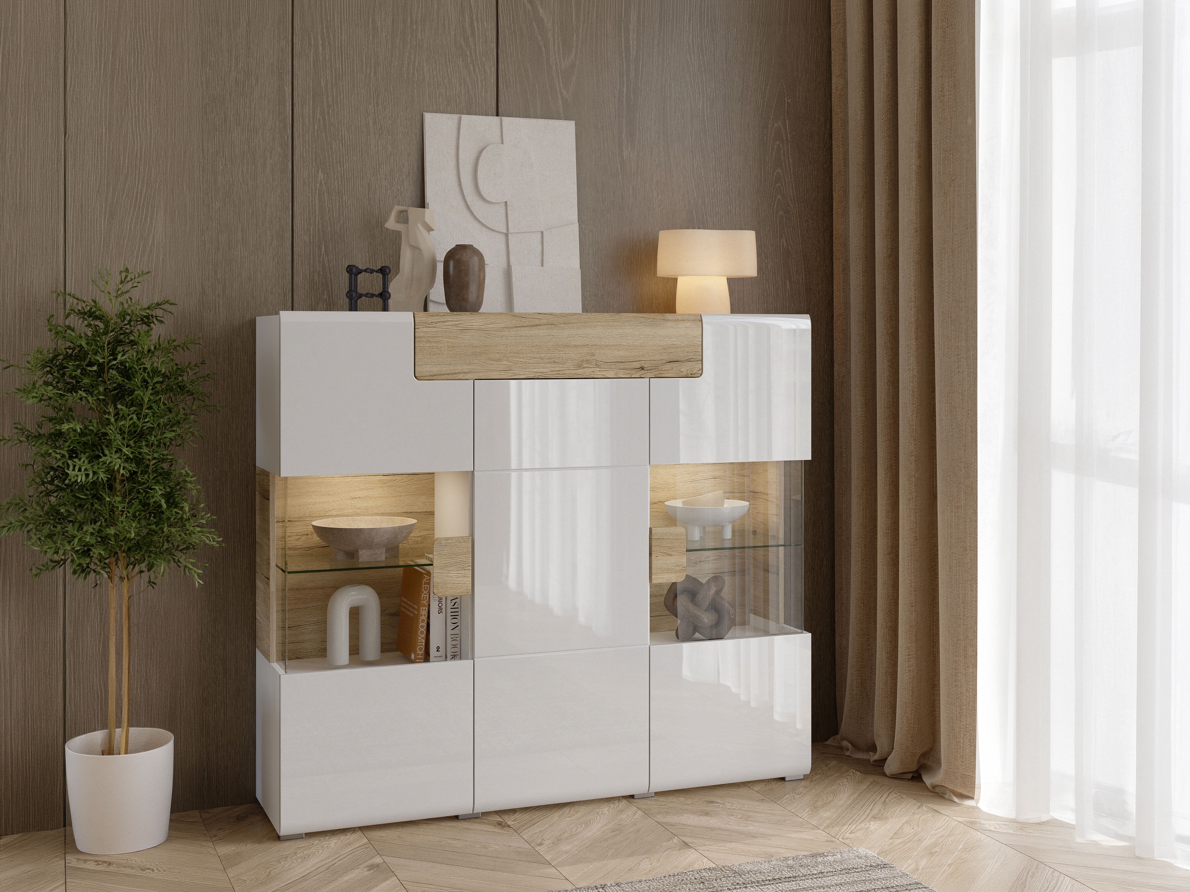 Buffet Torsone 100 (Blanc + Blanc brillant + Chêne de san remo)
