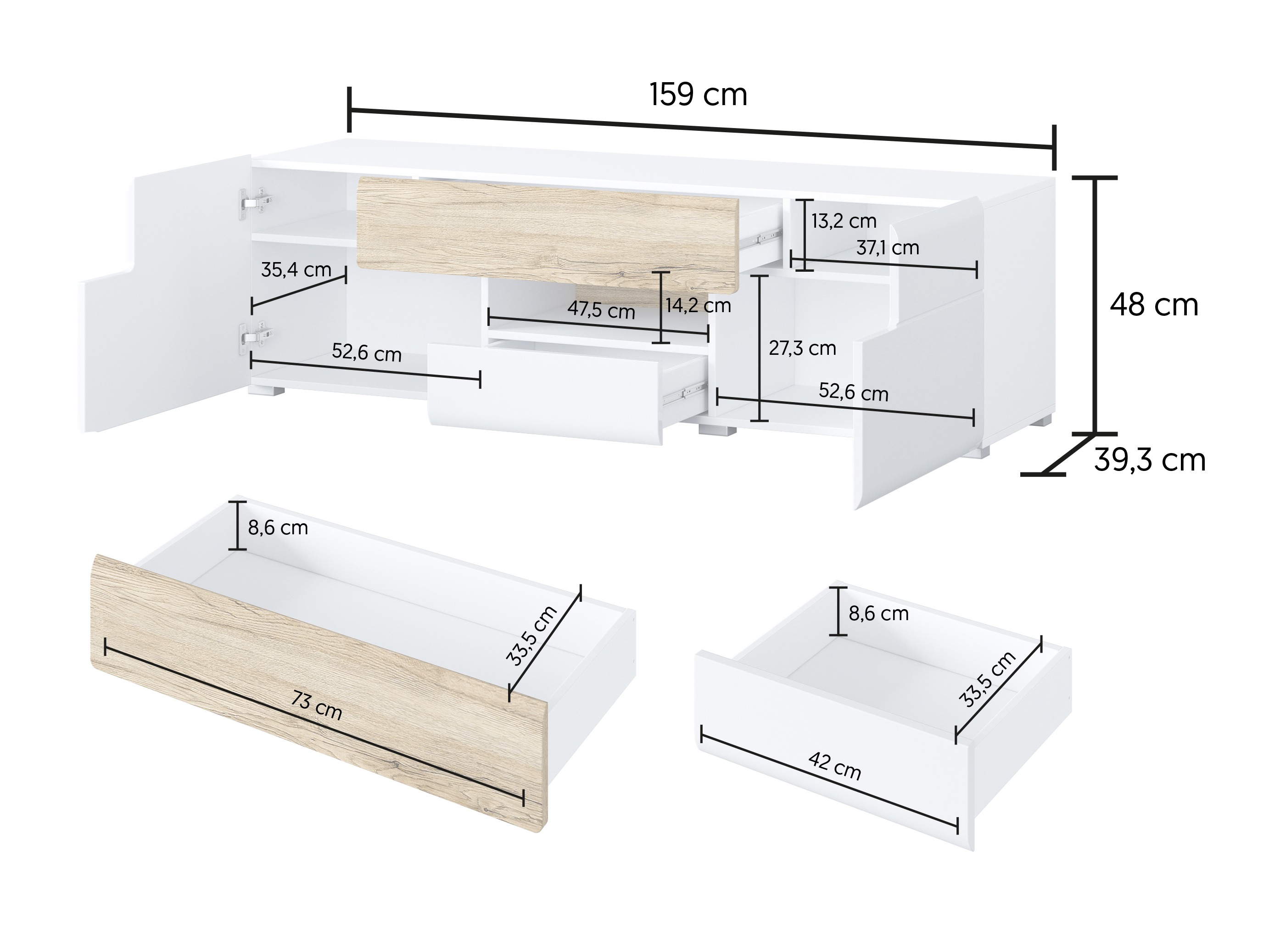 Meuble TV Torsone 101 (Blanc + Blanc brillant + Chêne de san remo)