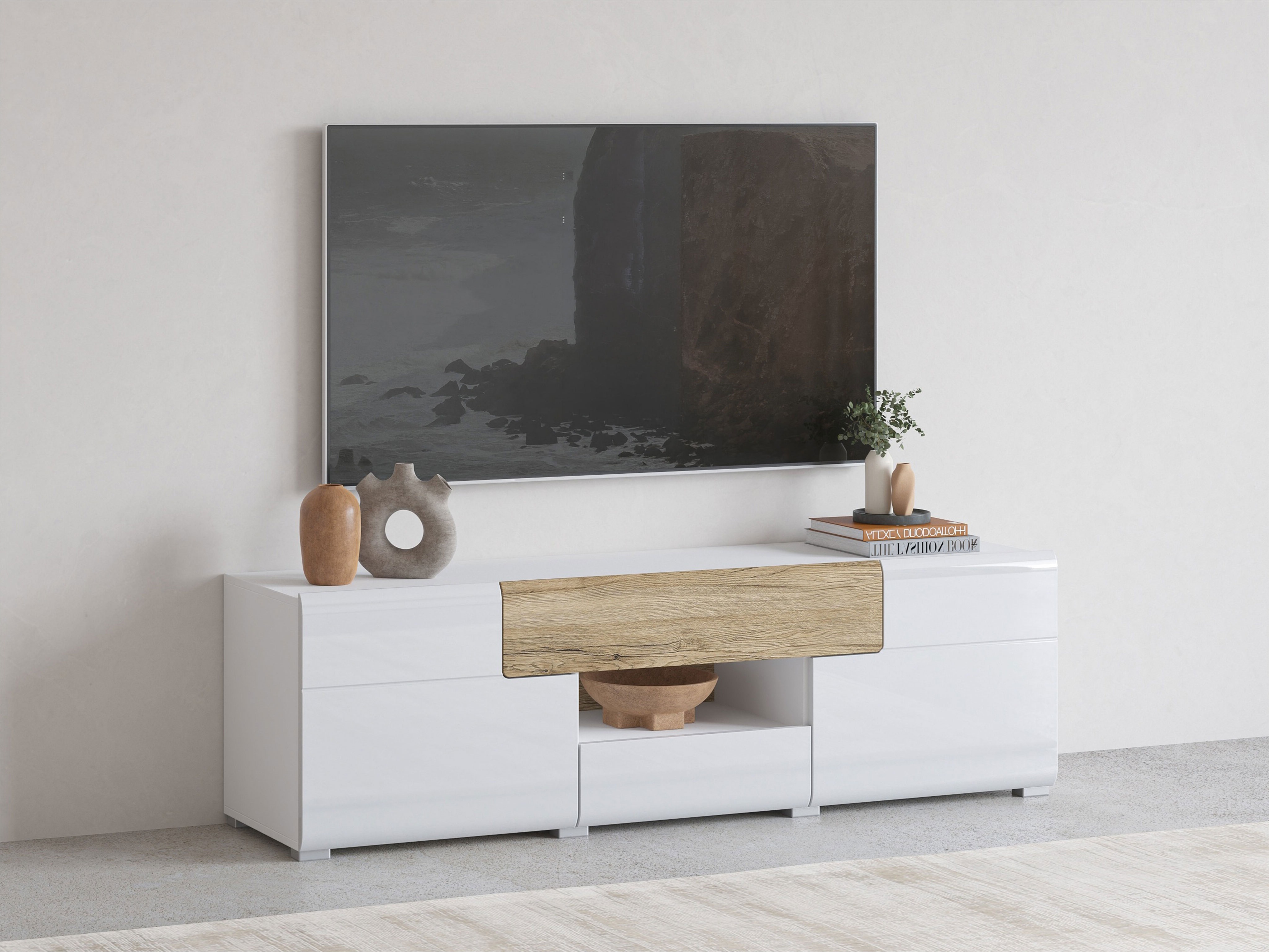 Meuble TV Torsone 101 (Blanc + Blanc brillant + Chêne de san remo)