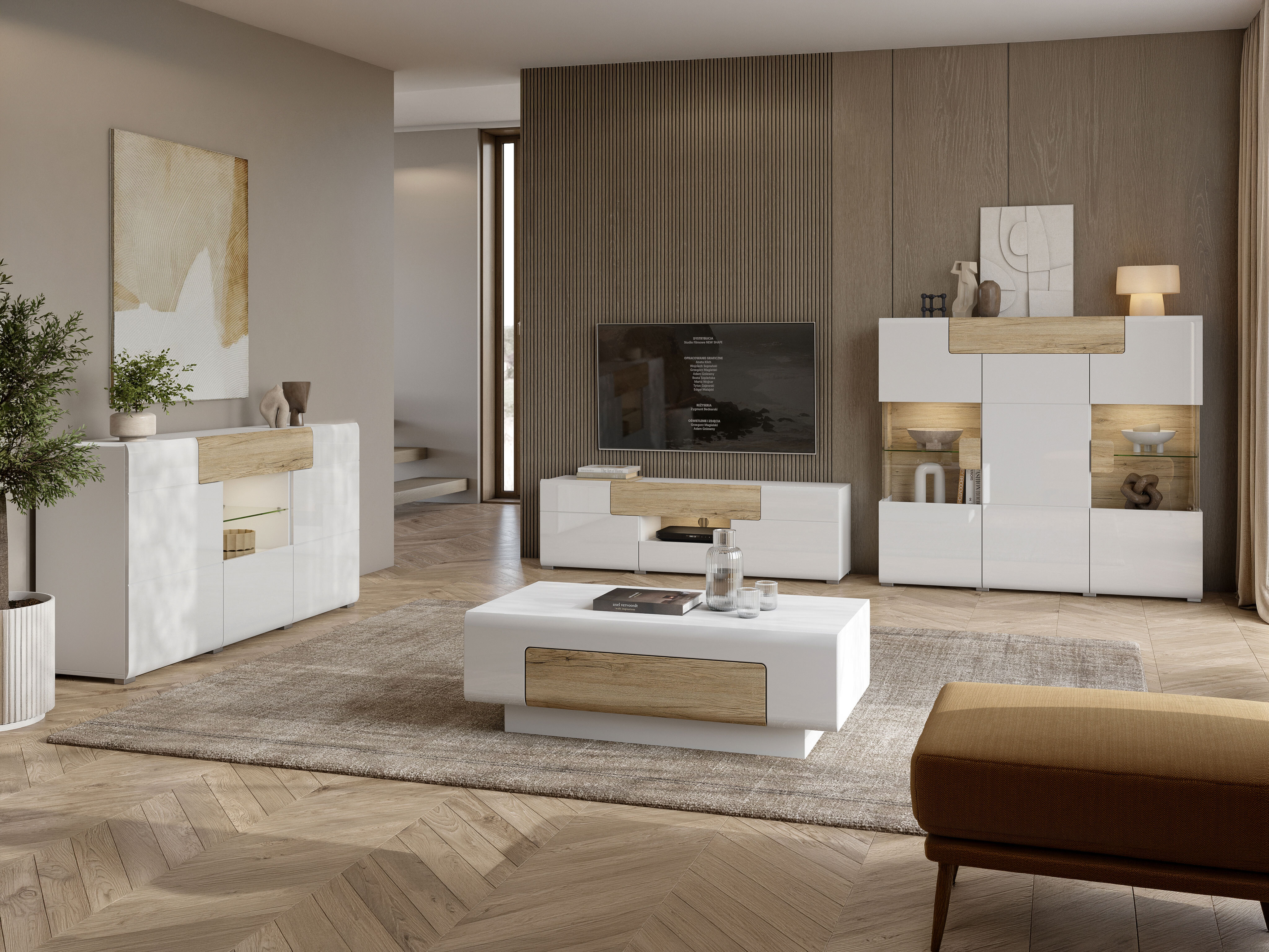 Meuble TV Torsone 101 (Blanc + Blanc brillant + Chêne de san remo)
