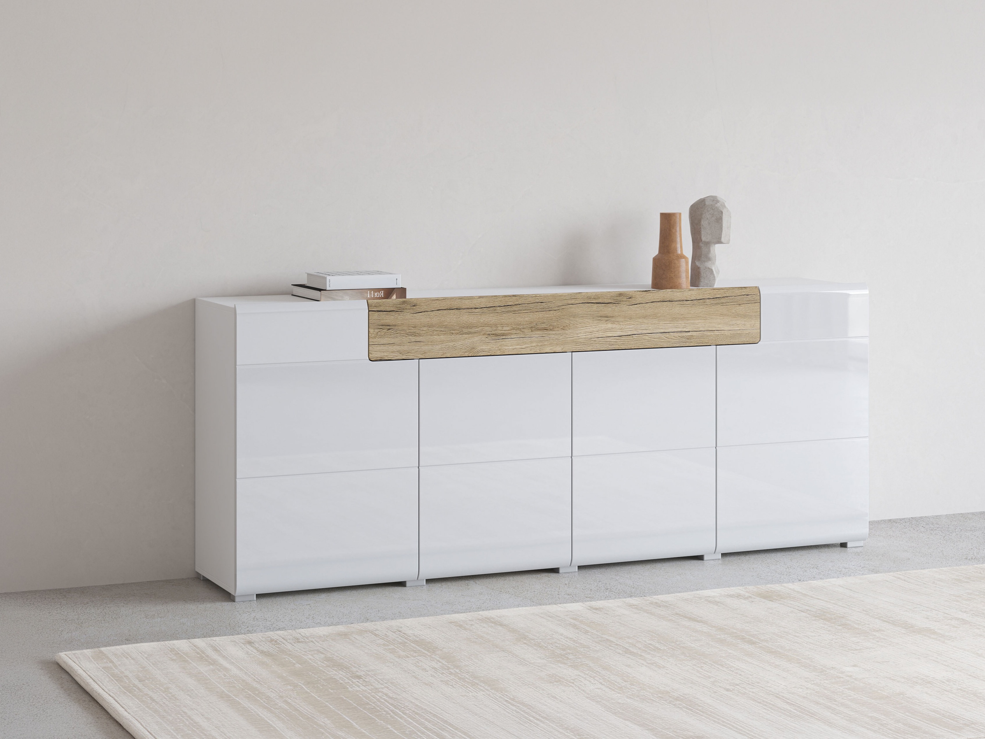 Commode Torsone 102 (Blanc + Blanc brillant + Chêne de san remo)