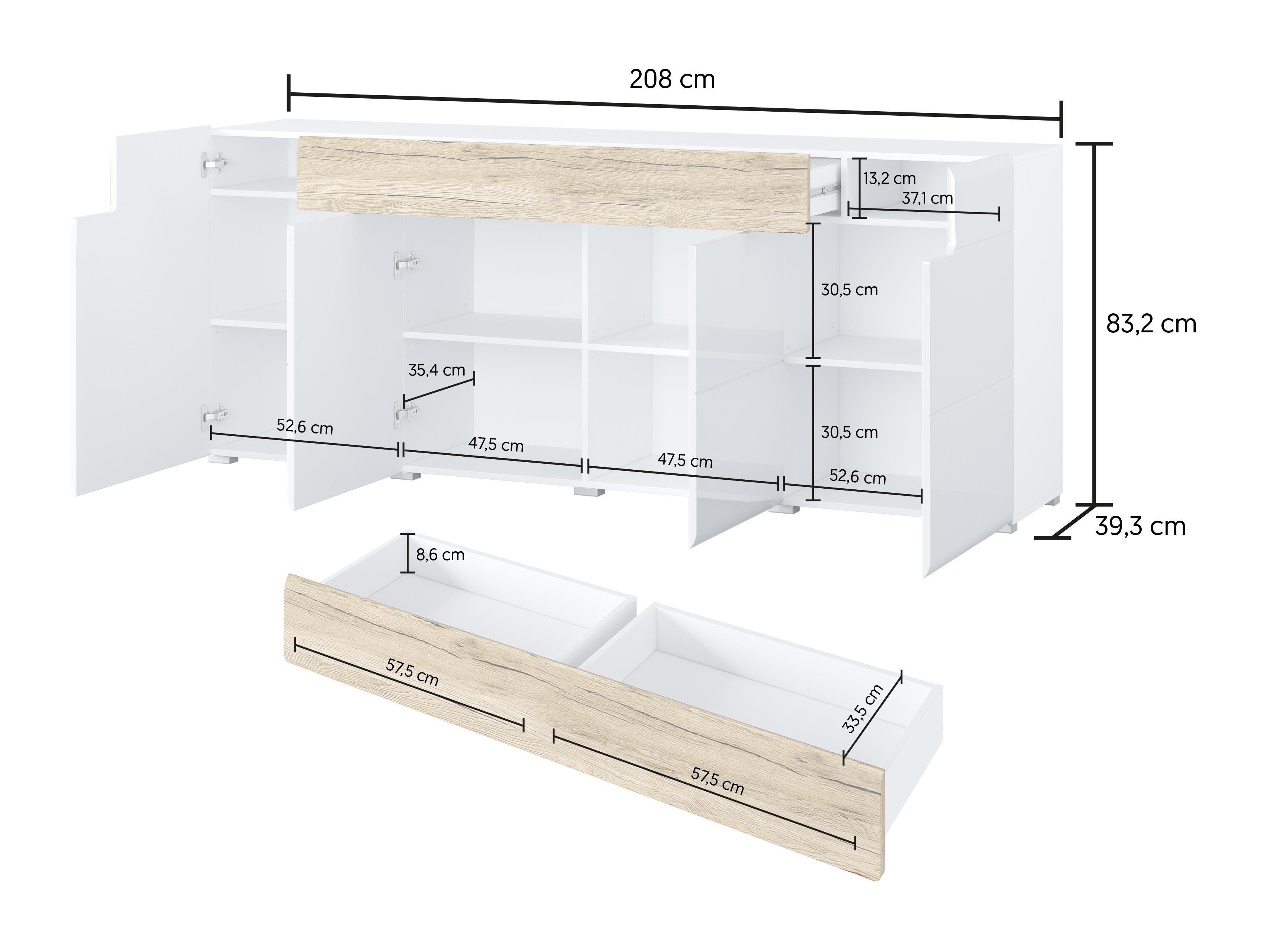 Commode Torsone 102 (Blanc + Blanc brillant + Chêne de san remo)
