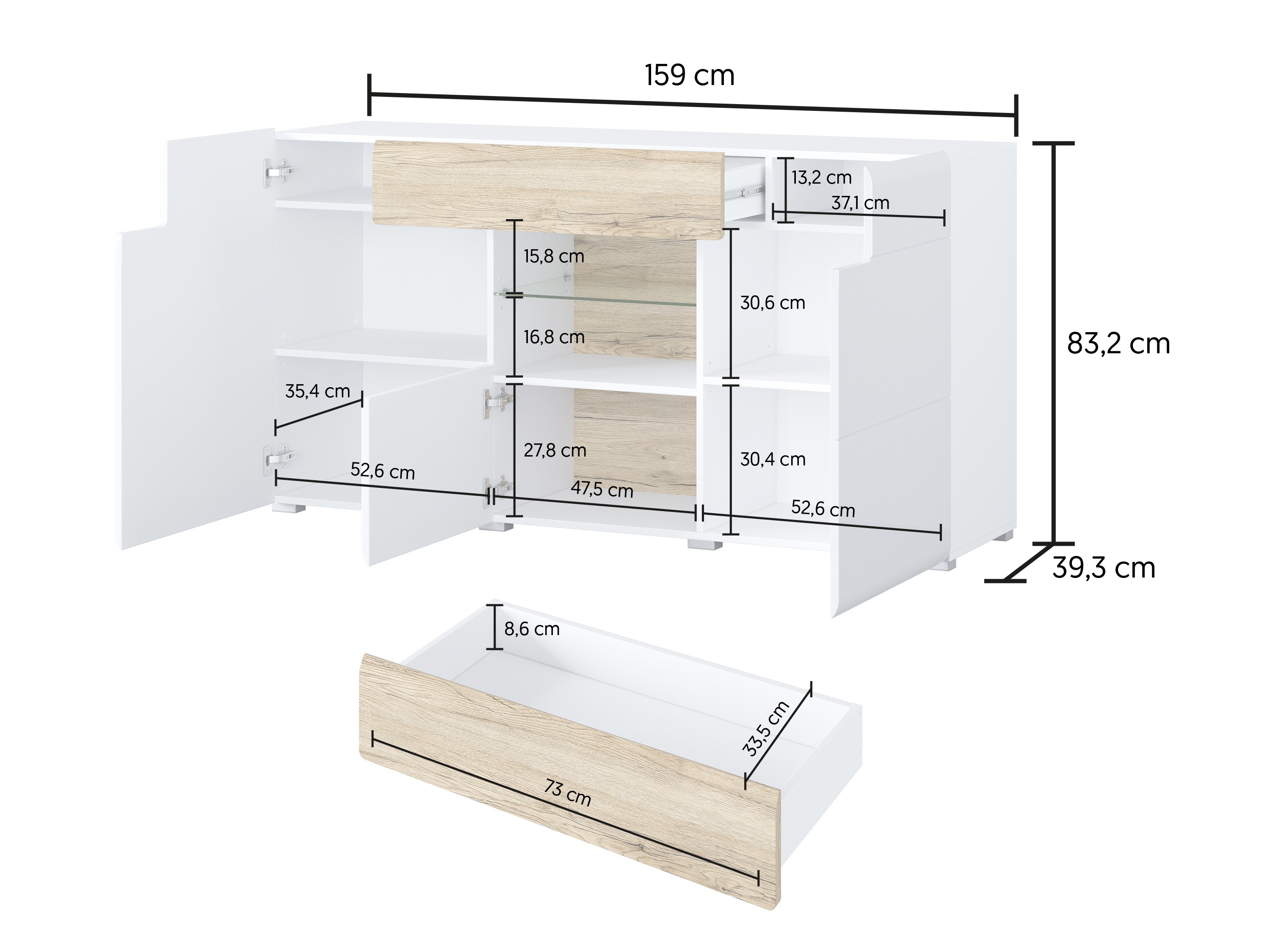 Commode Torsone 108 (Blanc + Blanc brillant + Chêne de san remo)