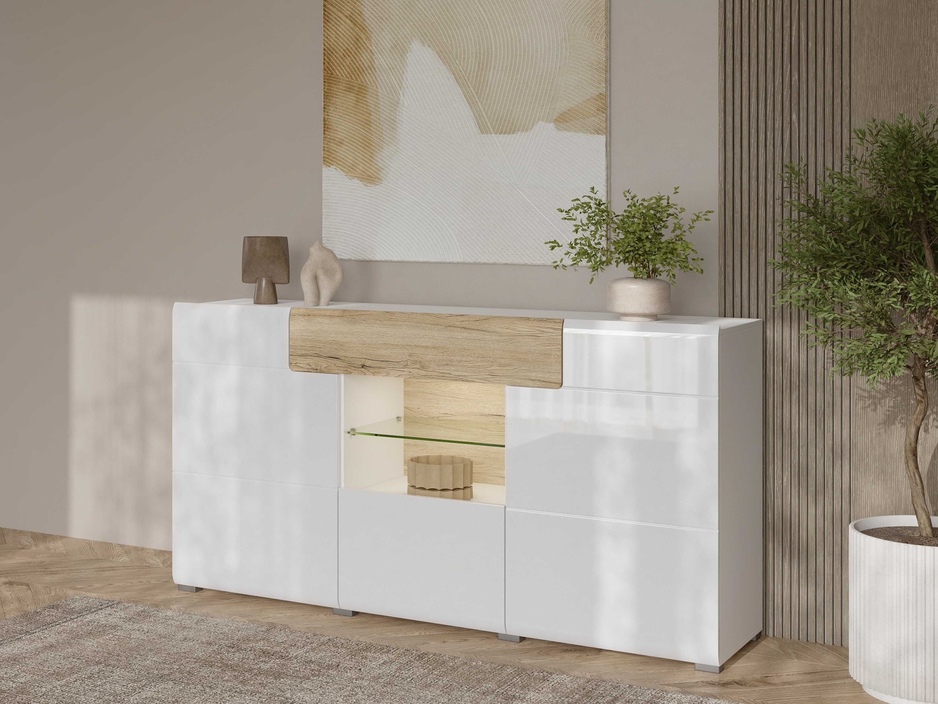 Commode Torsone 108 (Blanc + Blanc brillant + Chêne de san remo)