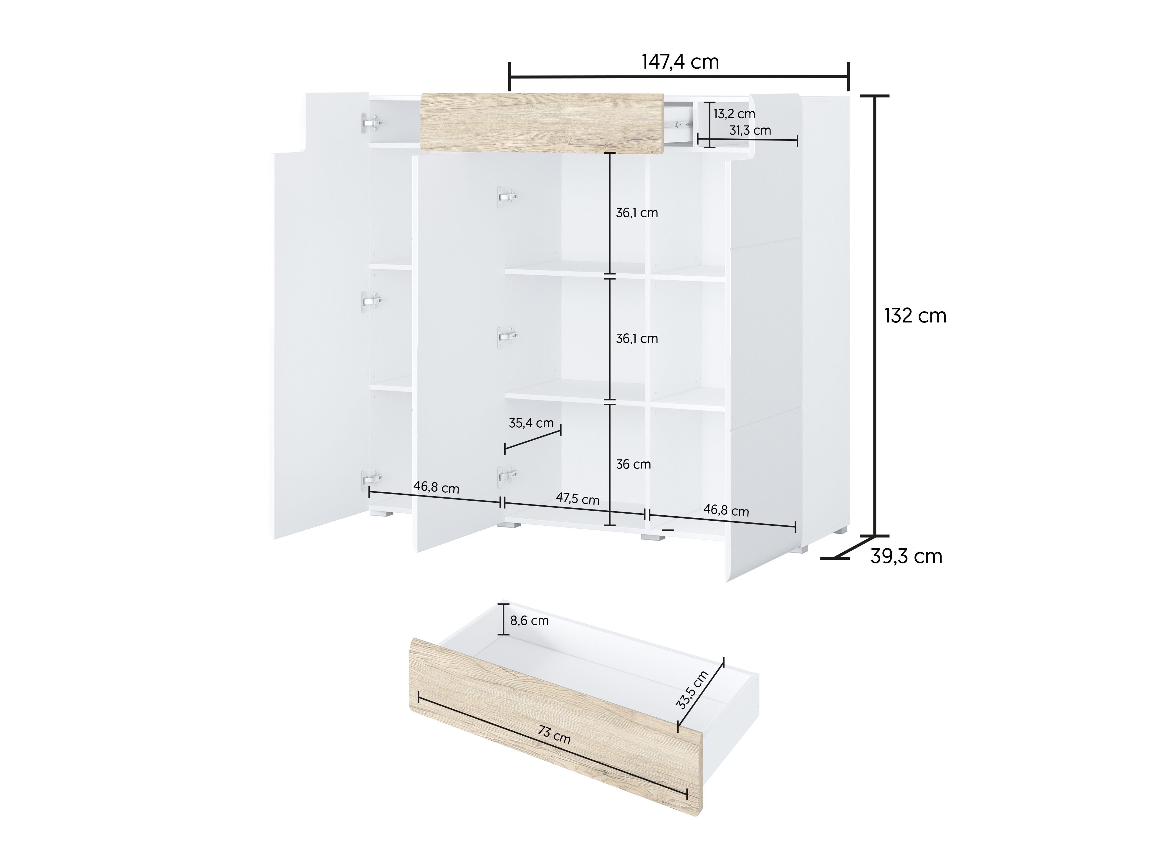 Commode Torsone 112 (Blanc + Blanc brillant + Chêne de san remo)
