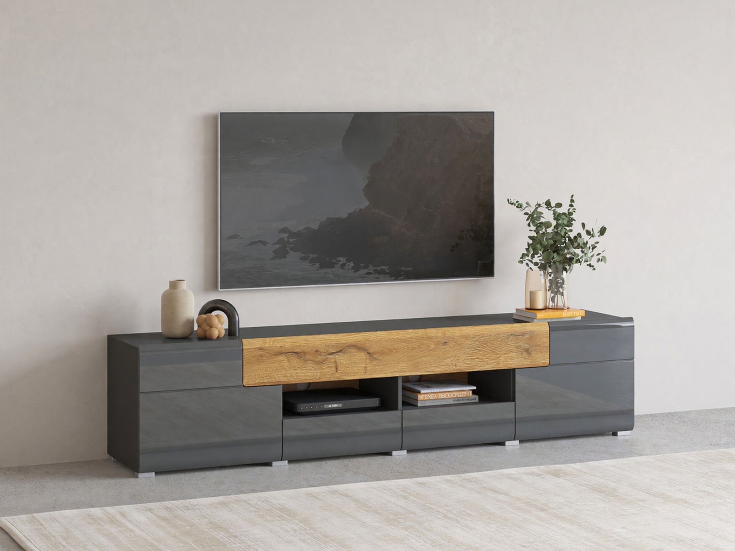 Meuble TV Torsone 113 (Anthracite + Gloss anthracite + Grandson chêne)