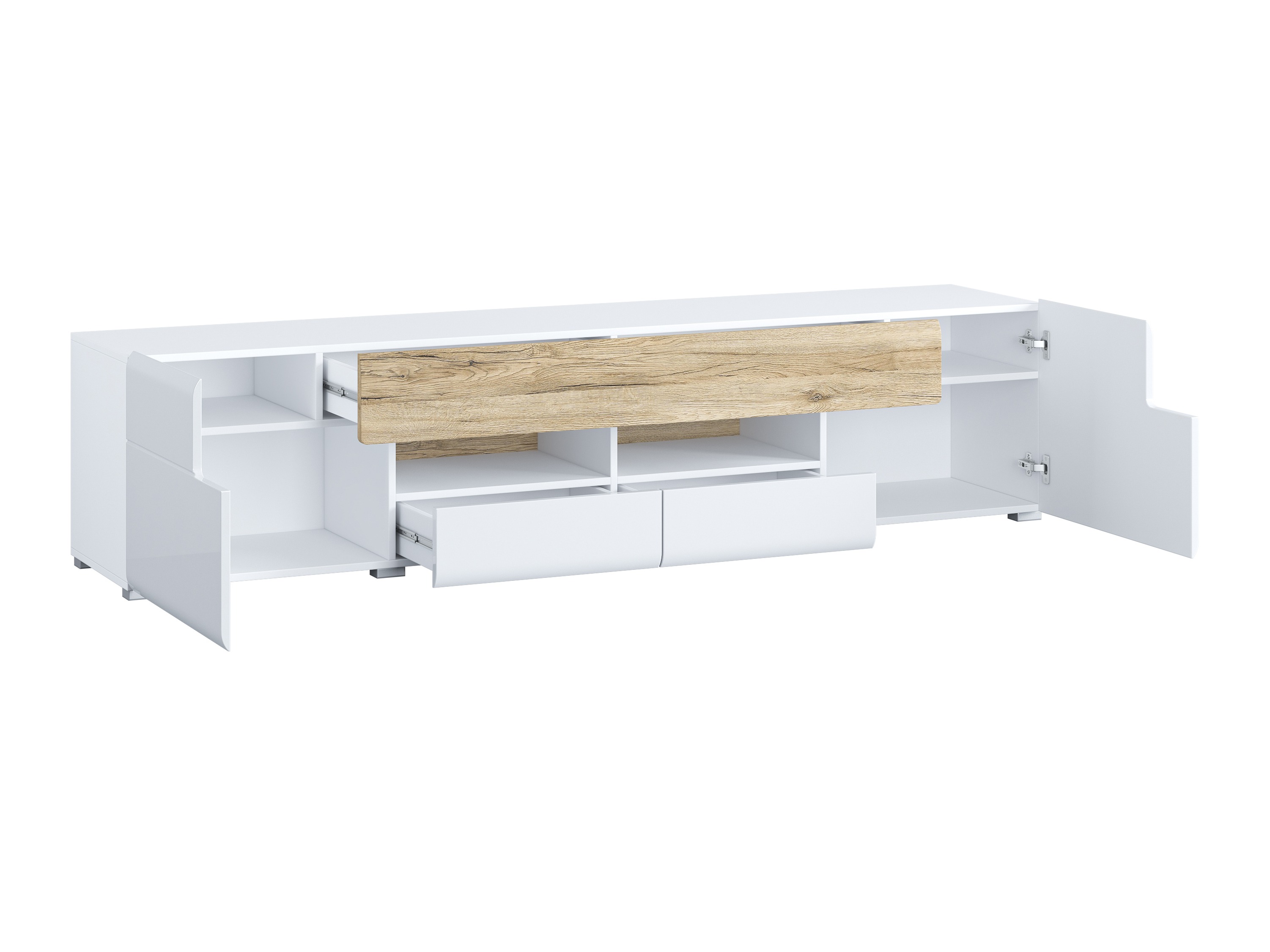 Meuble TV Torsone 113 (Blanc + Blanc brillant + Chêne de san remo)