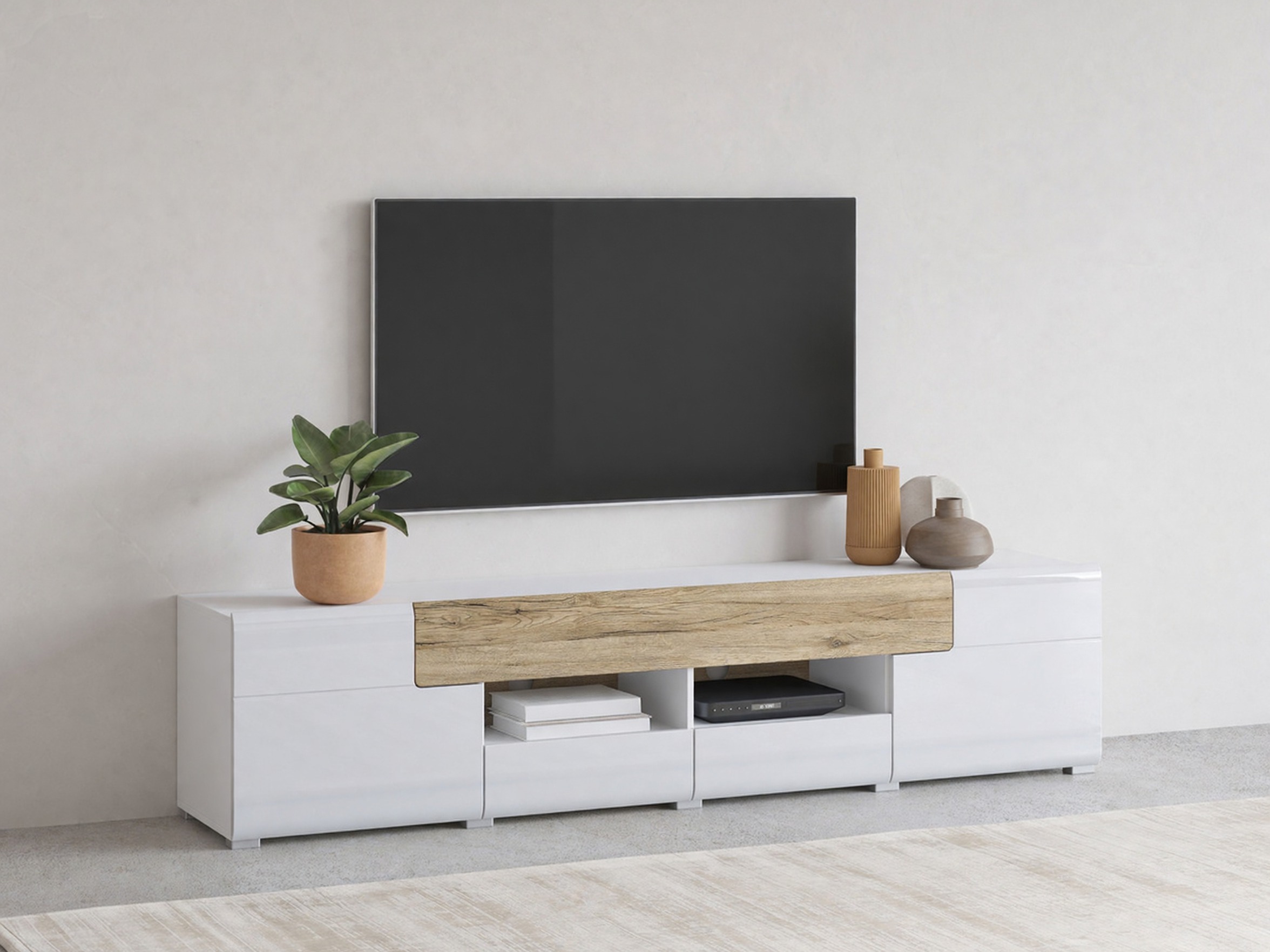 Meuble TV Torsone 113 (Blanc + Blanc brillant + Chêne de san remo)