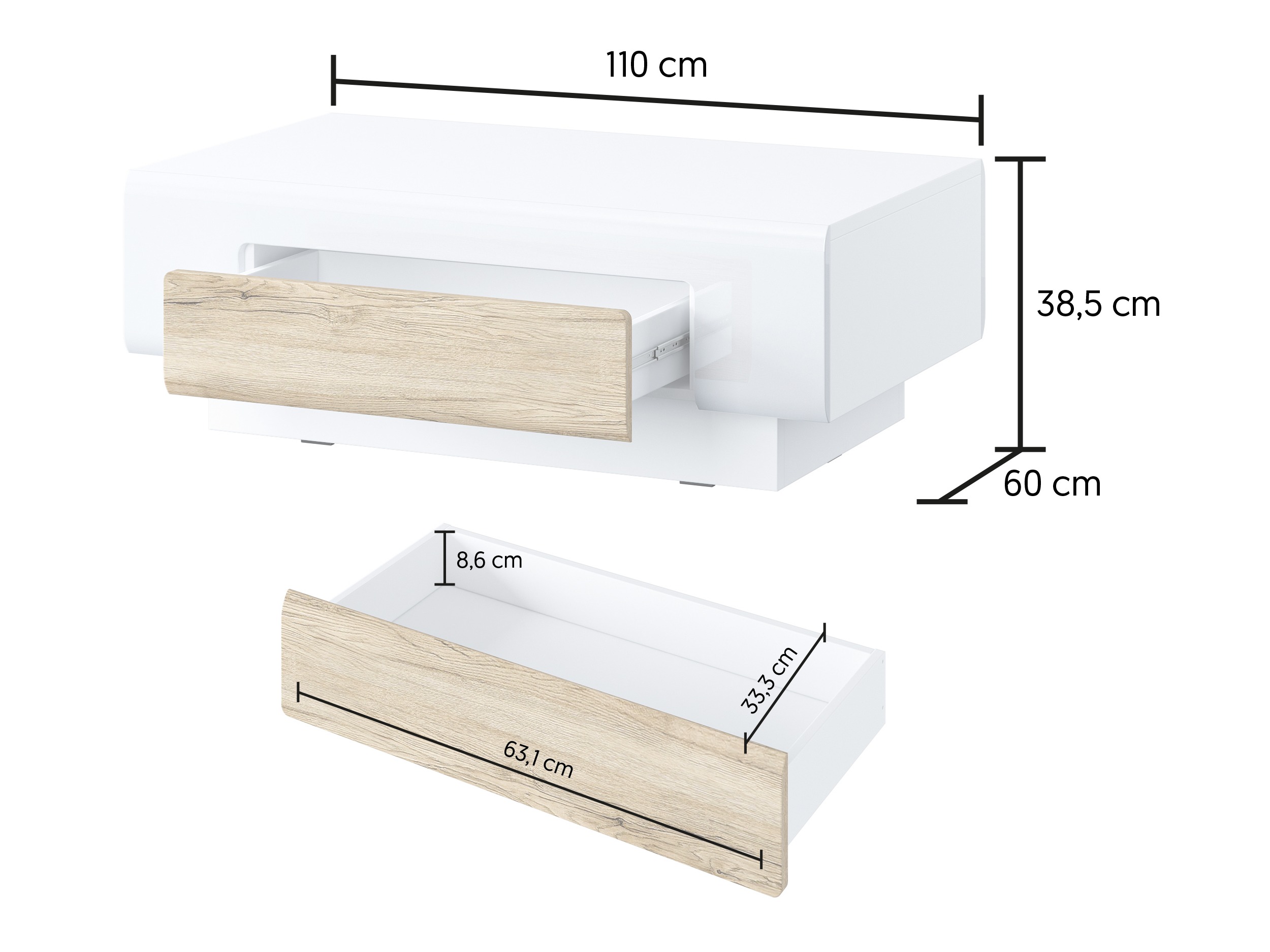 Table basse Torsone 111 (Blanc + Blanc brillant + Chêne de san remo)