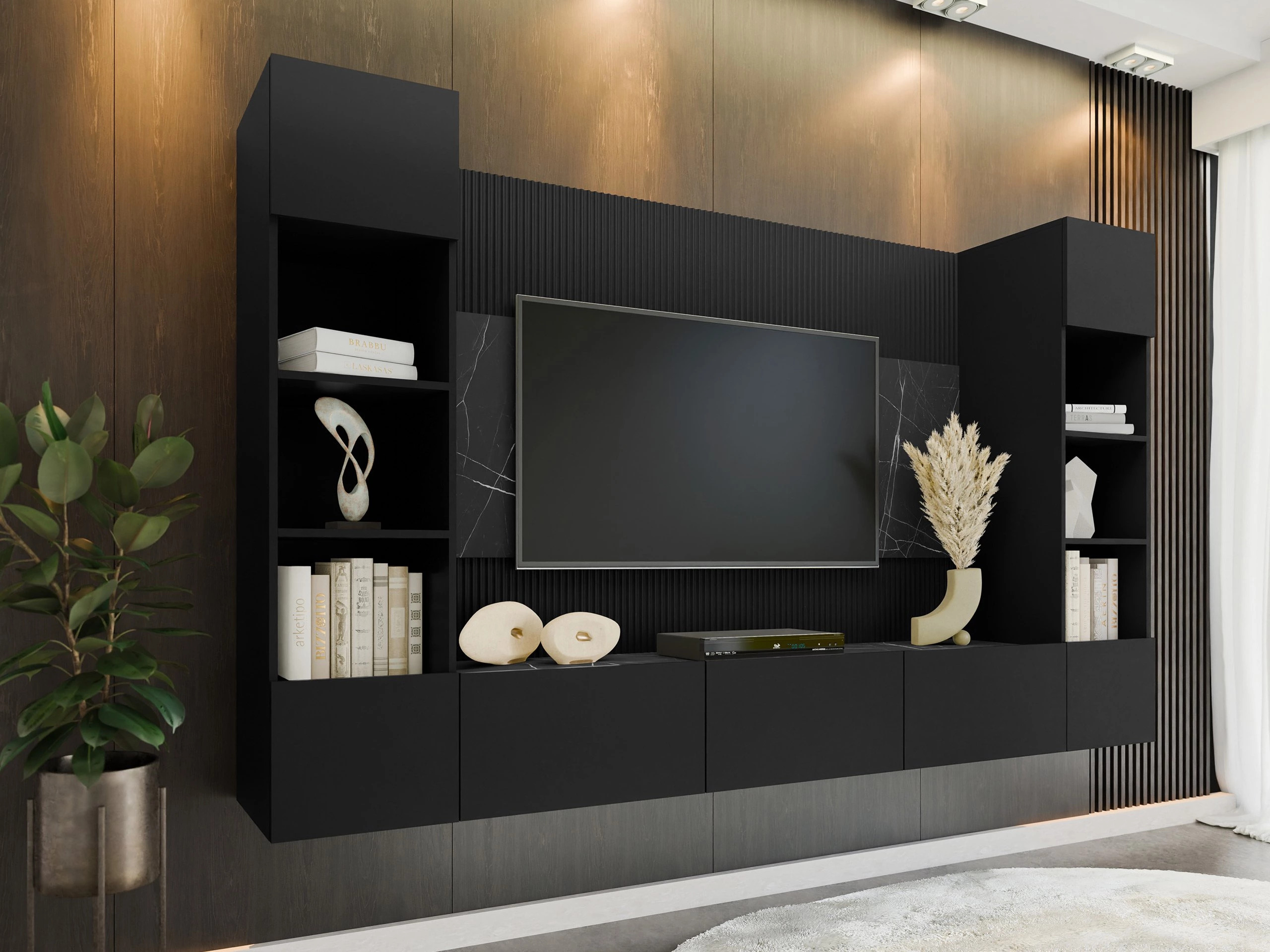 Ensemble de salon Comfivo Salix I (Noir + Marbre noir)