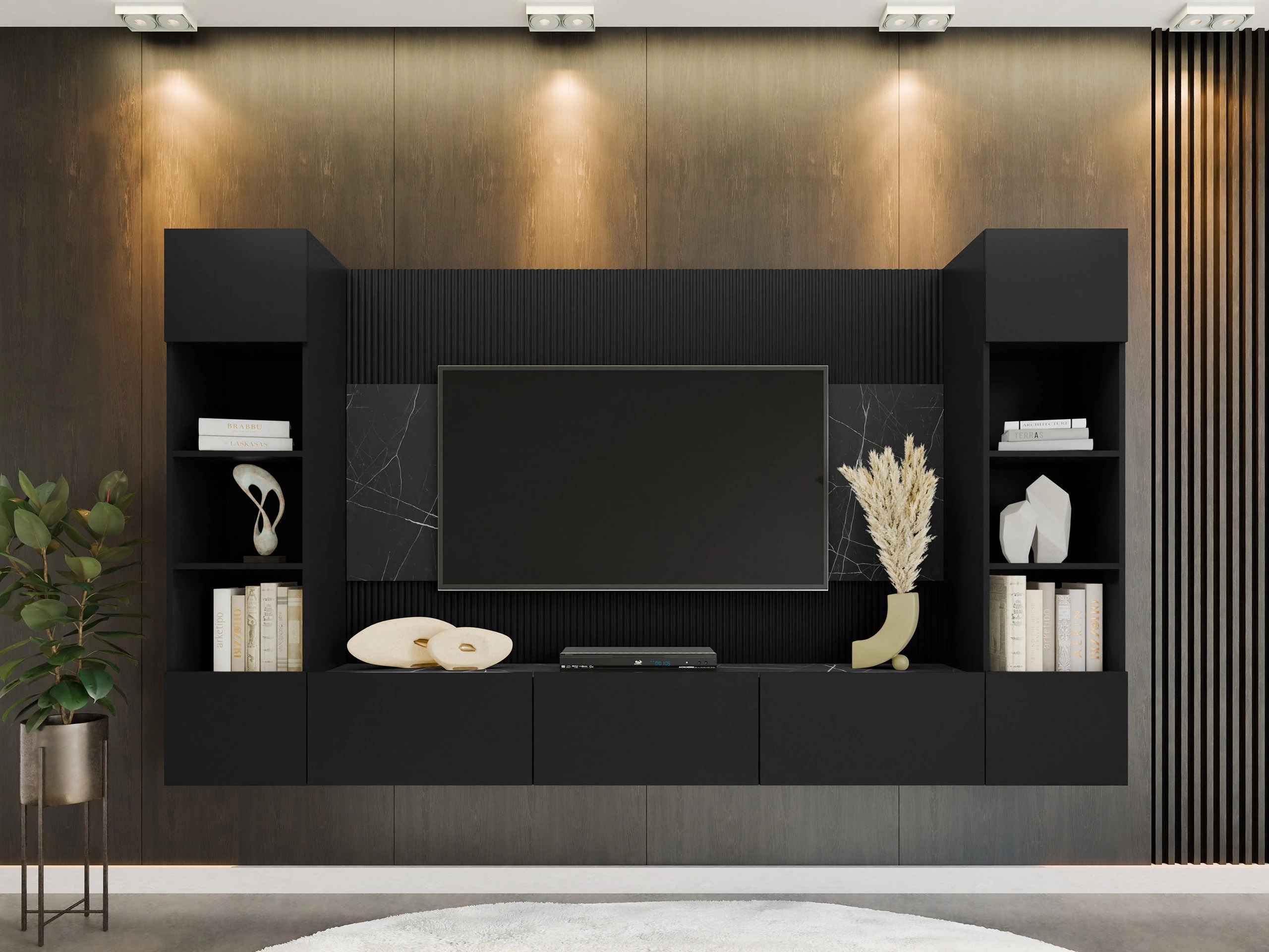 Ensemble de salon Comfivo Salix I (Noir + Marbre noir)