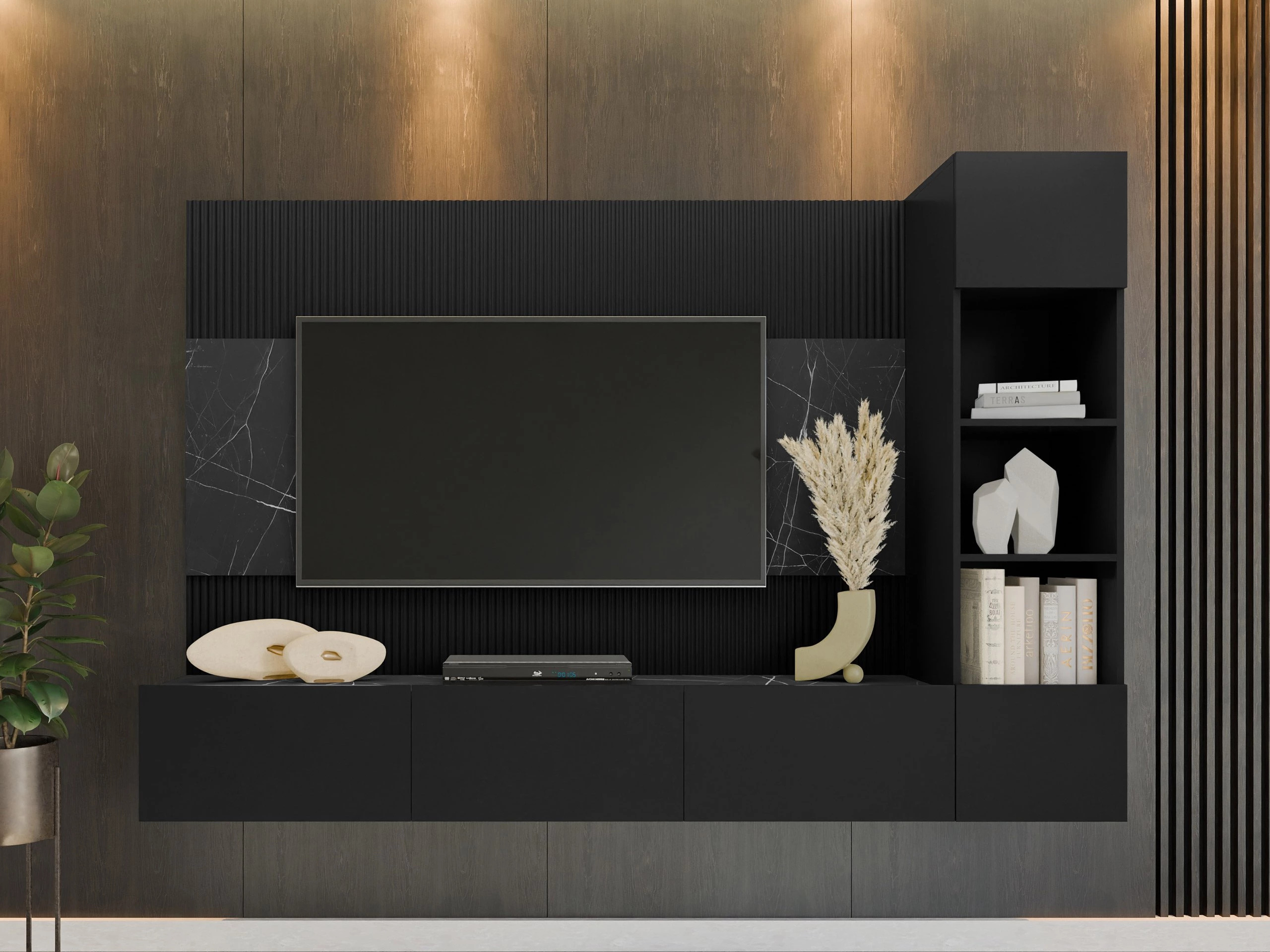 Ensemble de salon Comfivo Salix II (Noir + Marbre noir)