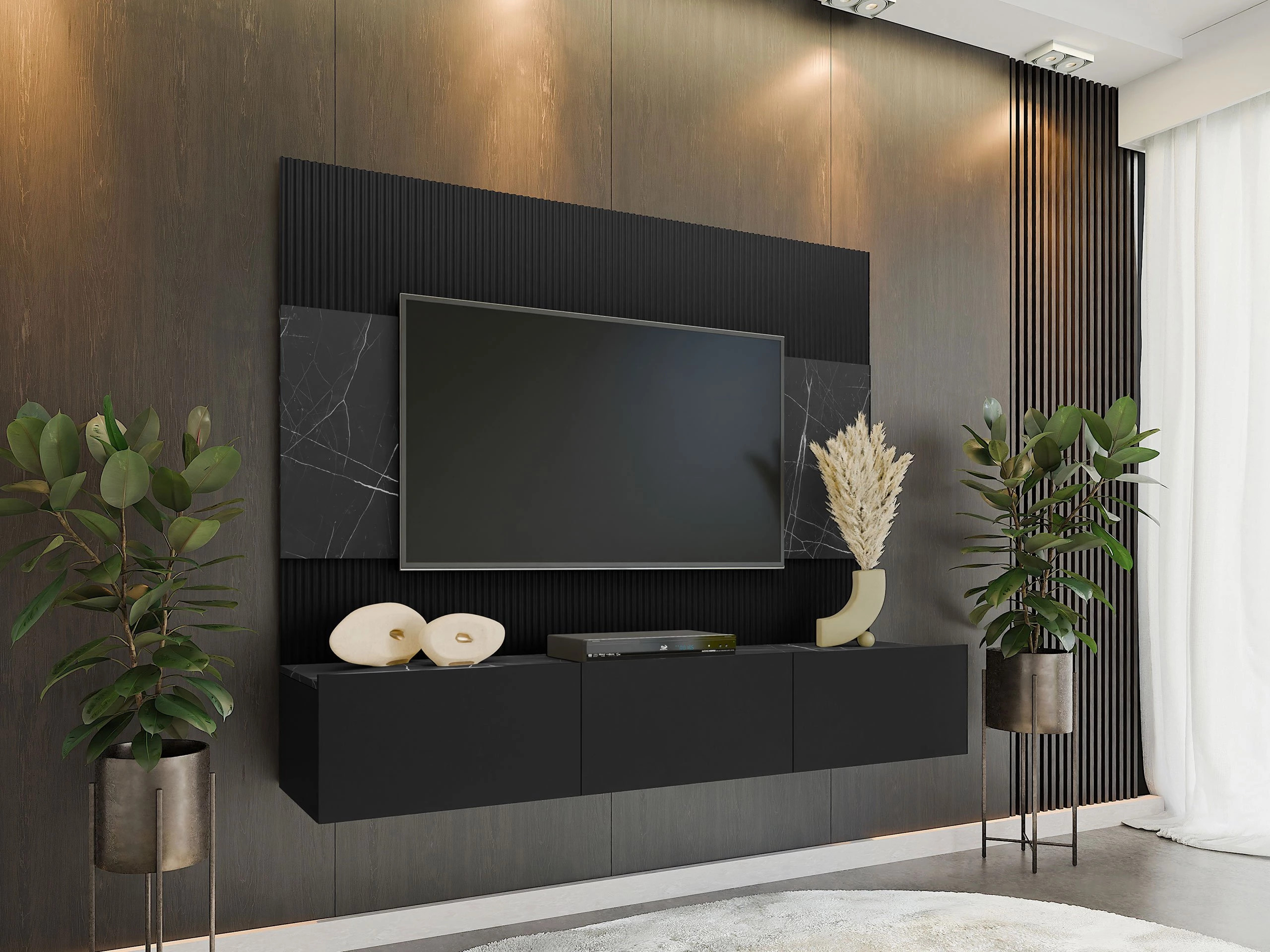 Ensemble de salon Comfivo Salix (Noir + Marbre noir)