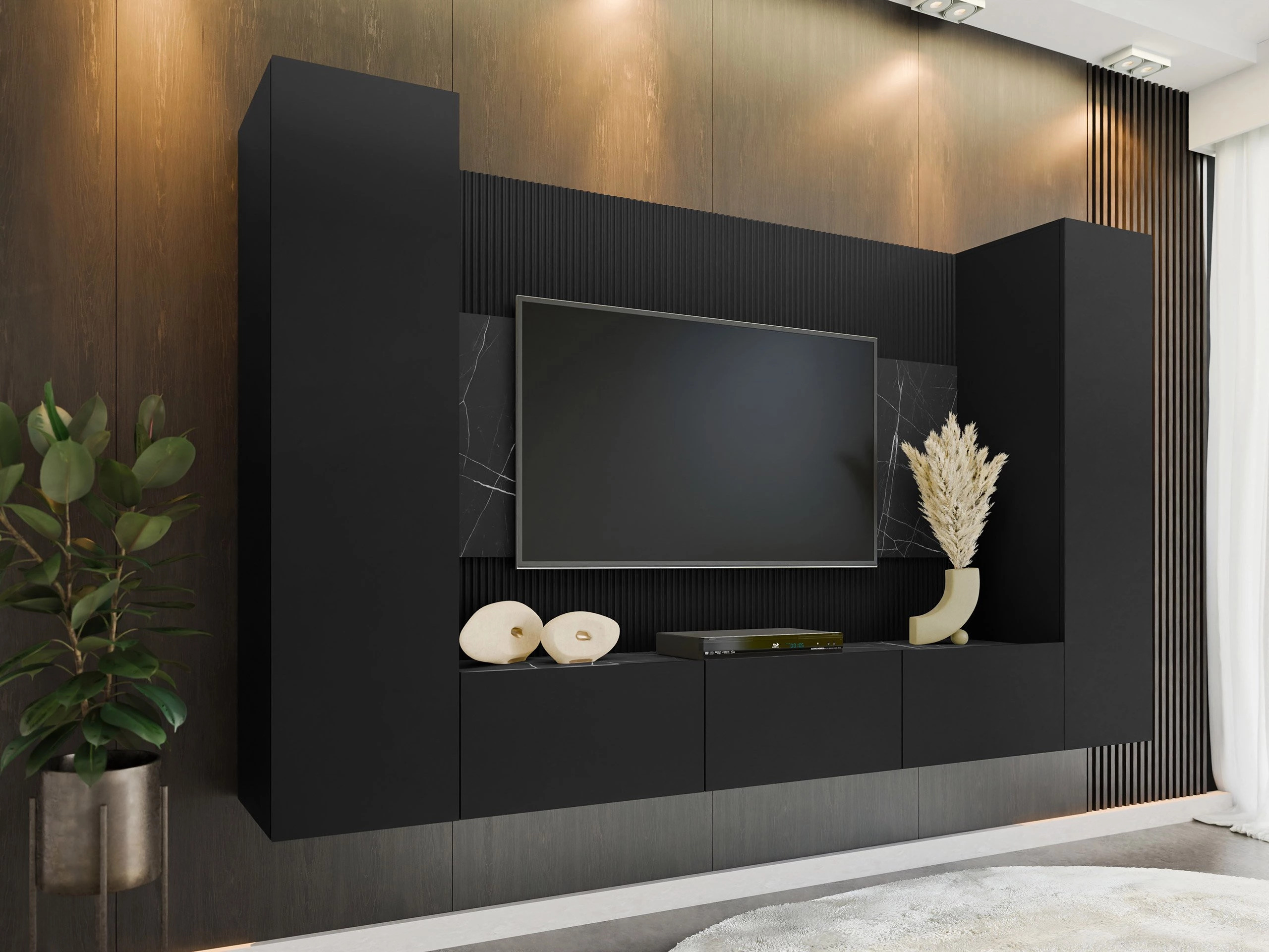 Ensemble de salon Comfivo Salix V (Noir + Marbre noir)