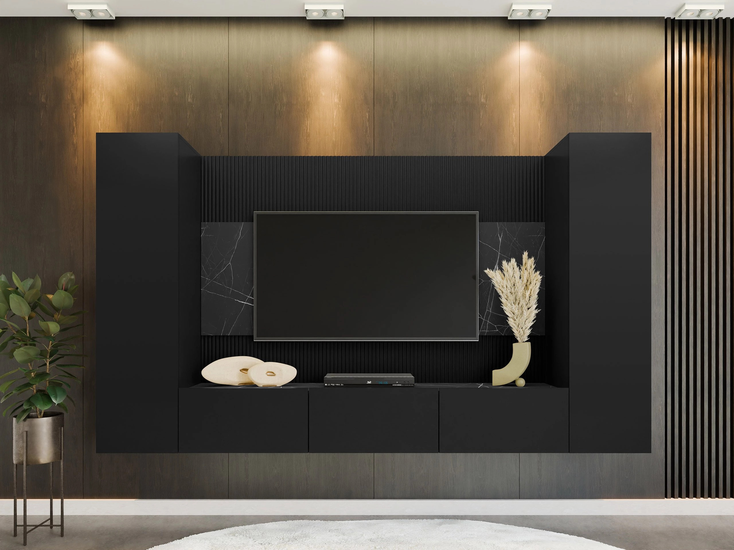 Ensemble de salon Comfivo Salix V (Noir + Marbre noir)